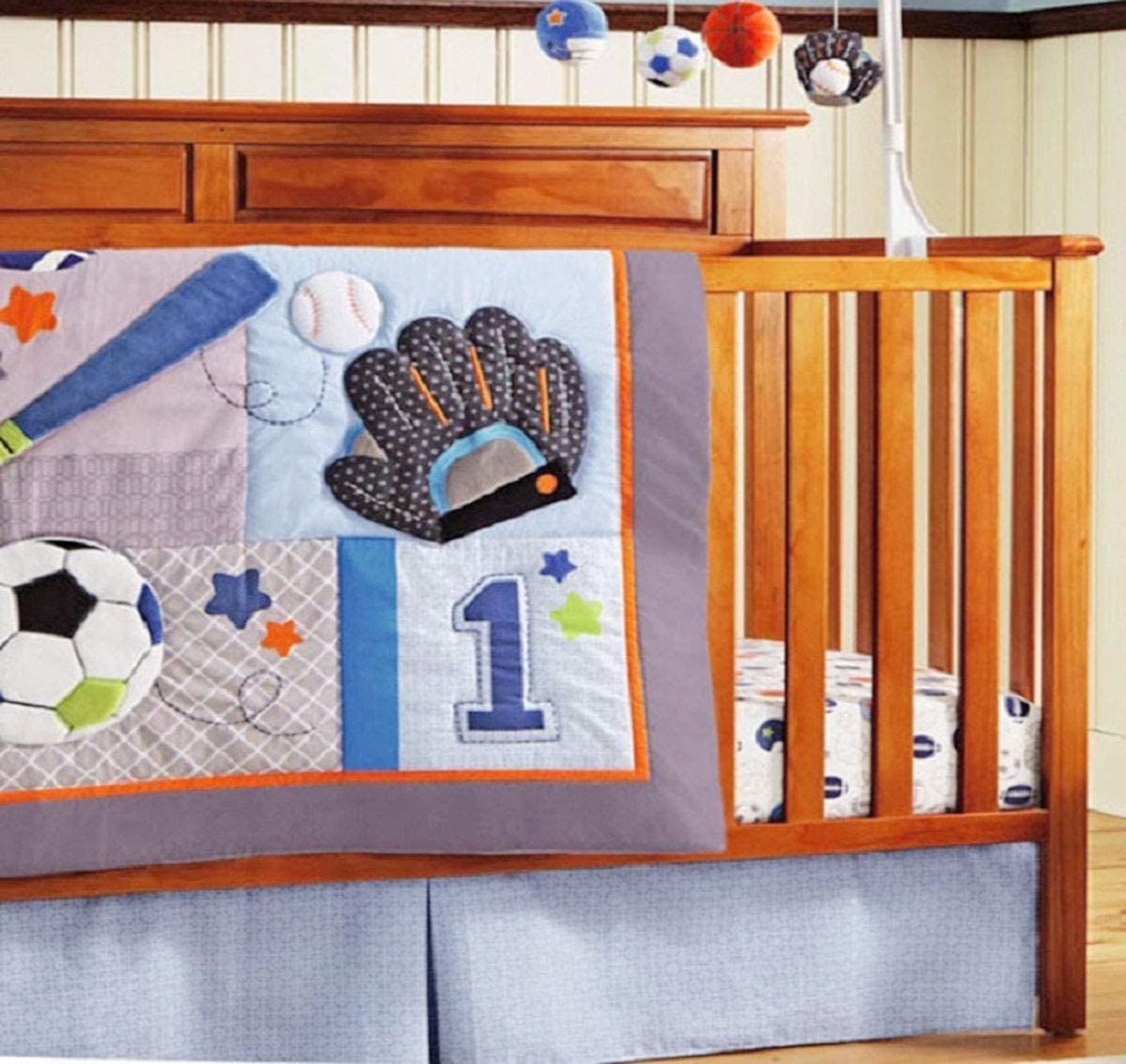 Juego de ropa de cama de algodón para bebés niños 3 PC Blue Cuna Set-Sports Baseball