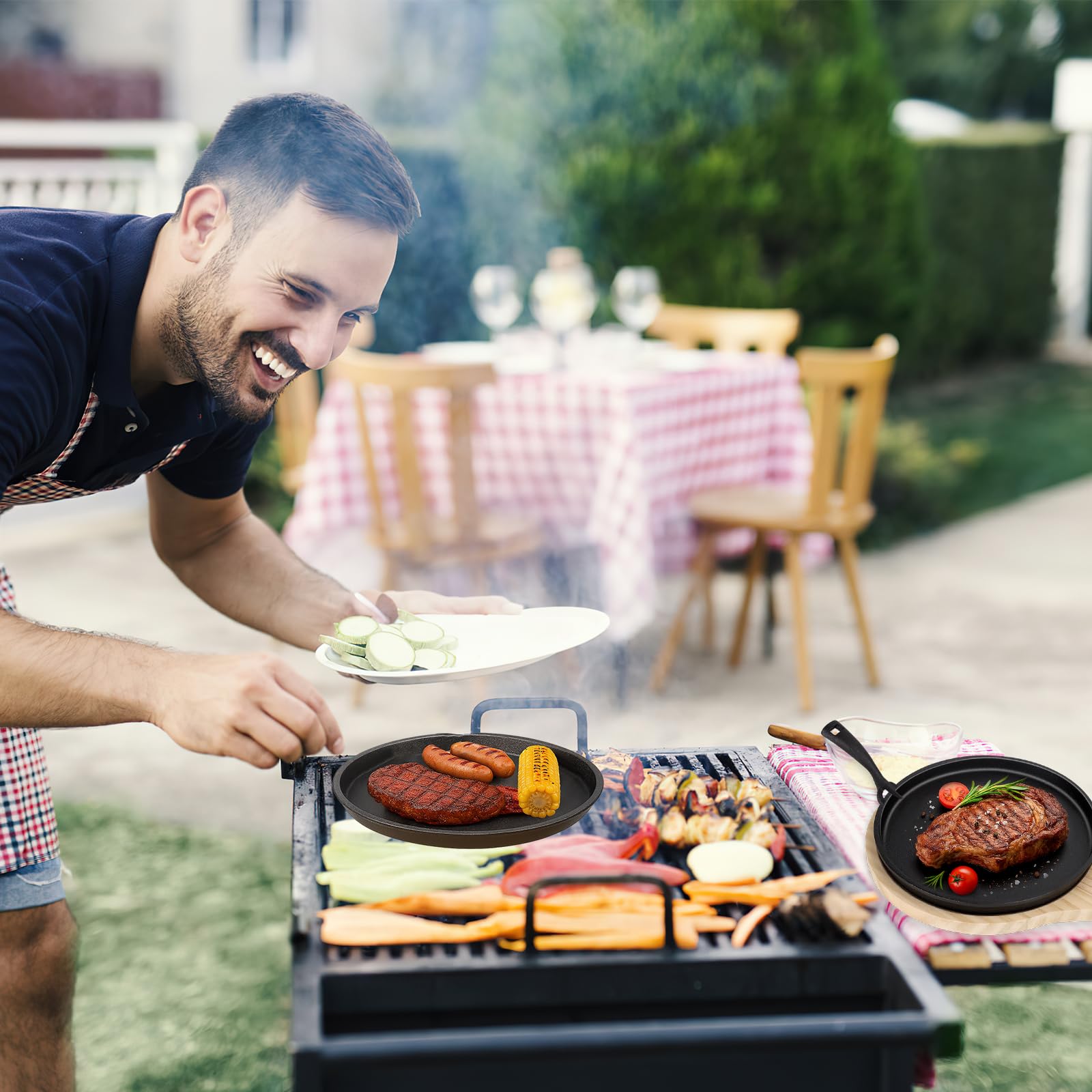 Lot de 2 poêles en fonte Fajita avec dessous de plat en bois - Protection anti-brûlure - Rondes - En fonte - Antiadhésives - Pour cuisine, restaurant, barbecue, intérieur et extérieur