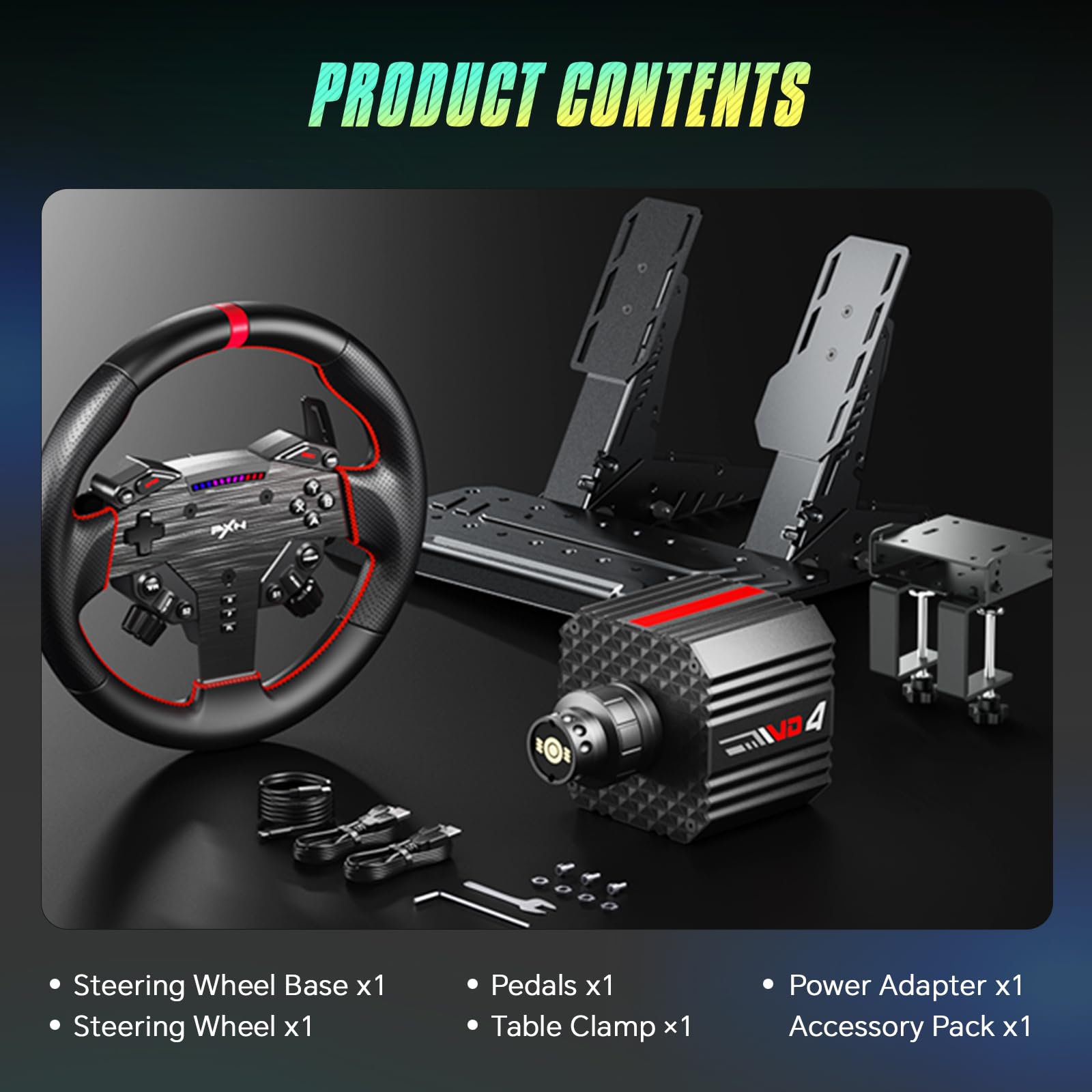 PXN VD4 Direct Drive Gaming Lenkrad Bundle – 4Nm Force Feedback Servo-Motor Basis mit Schnellverschluss, 11” W AS Rennlenkrad, Modulare Hall-Effekt Metallpedale, Tischklemme – für PC Windows 7–11
