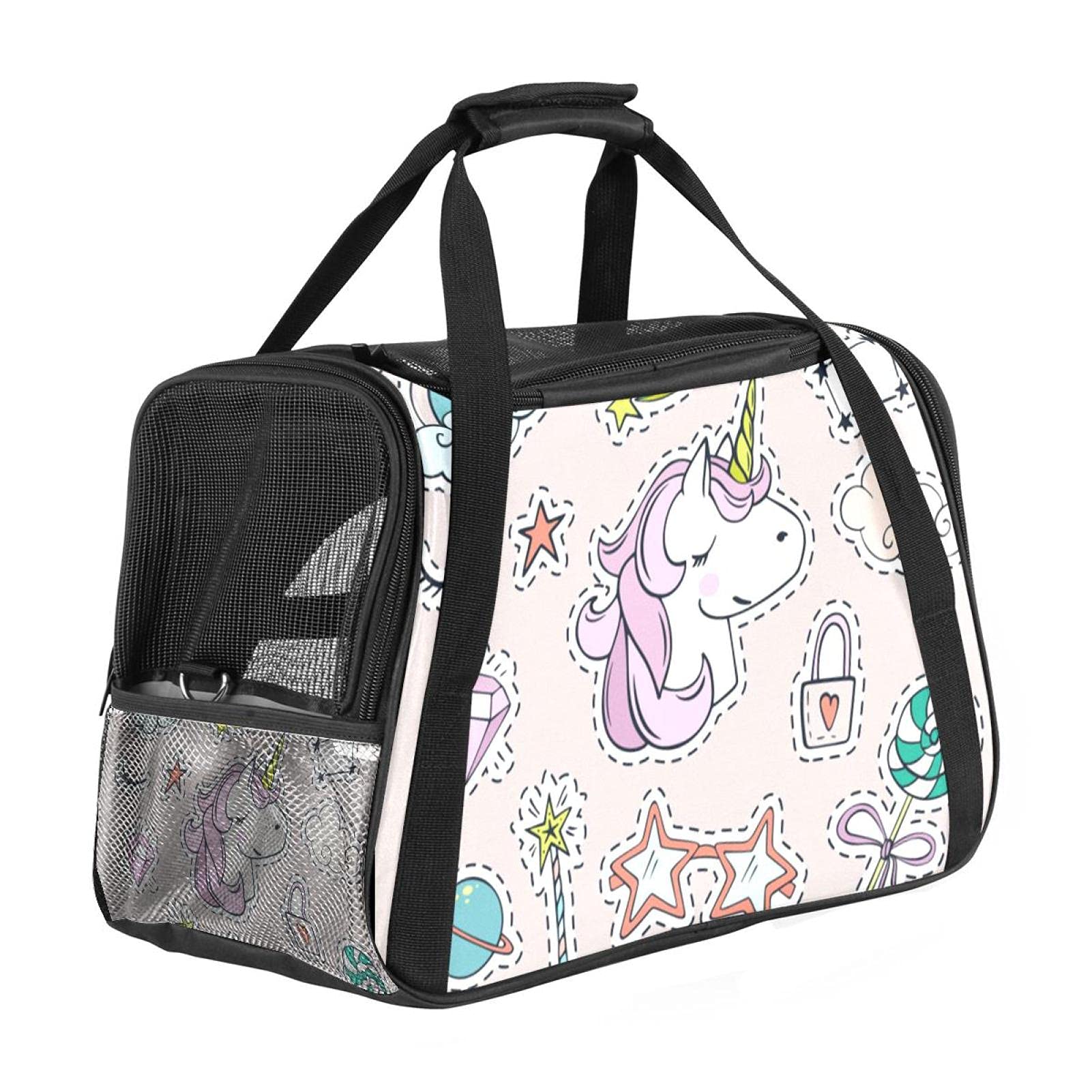 Sac de transport chat approuvé avion avec filet respirant et motif licorne