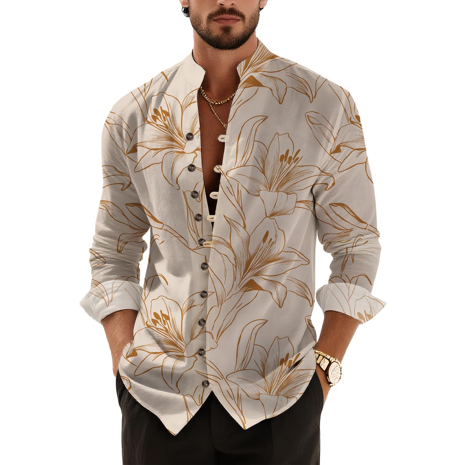 Floral Graphic Henley Shirt for Men Spring Long Sleeve Button Down Shirts Casual Banded Collar Tee Tops Lightweight
