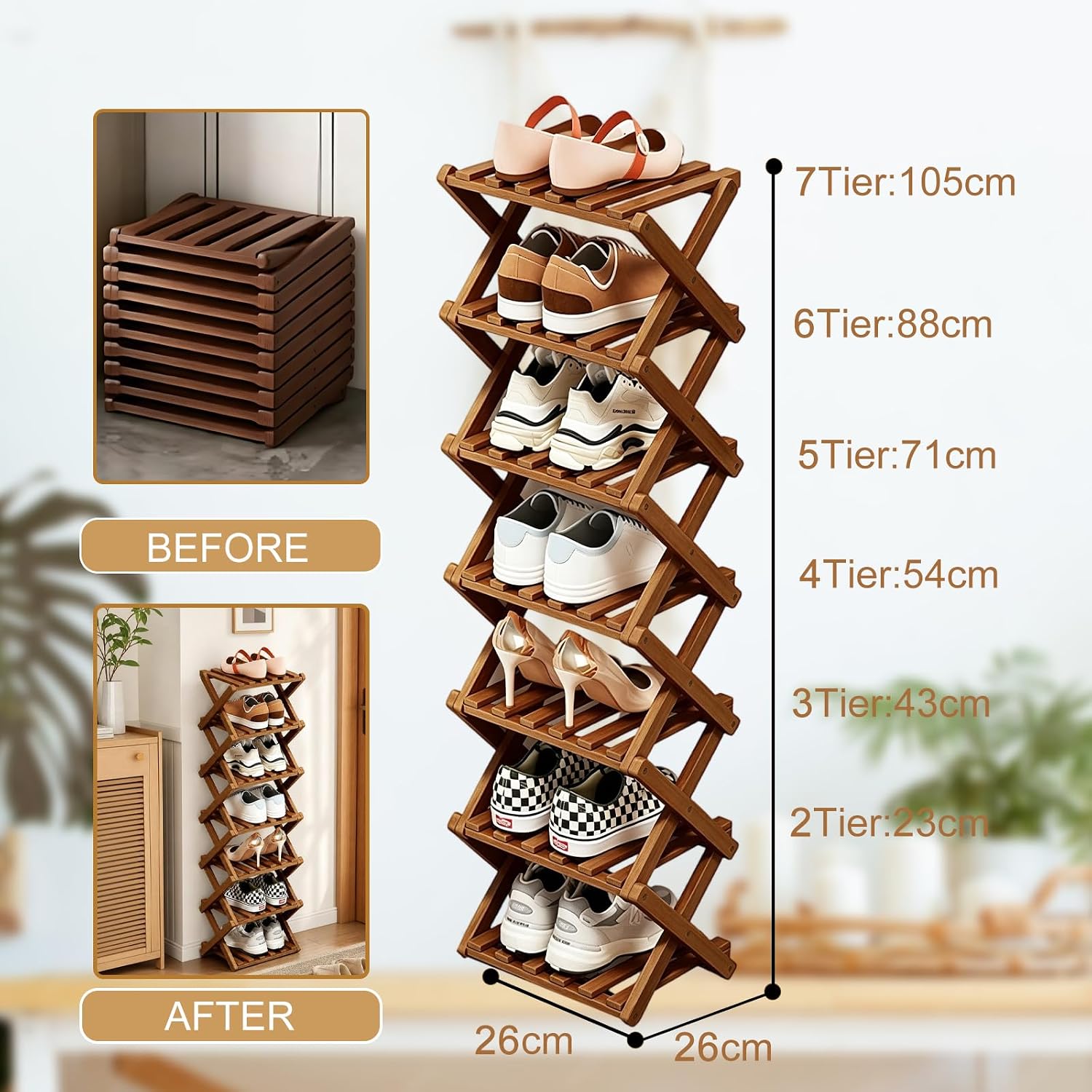 Simcat Bamboo Folding Shoe Rack Free Standing Storage Organizer image 2