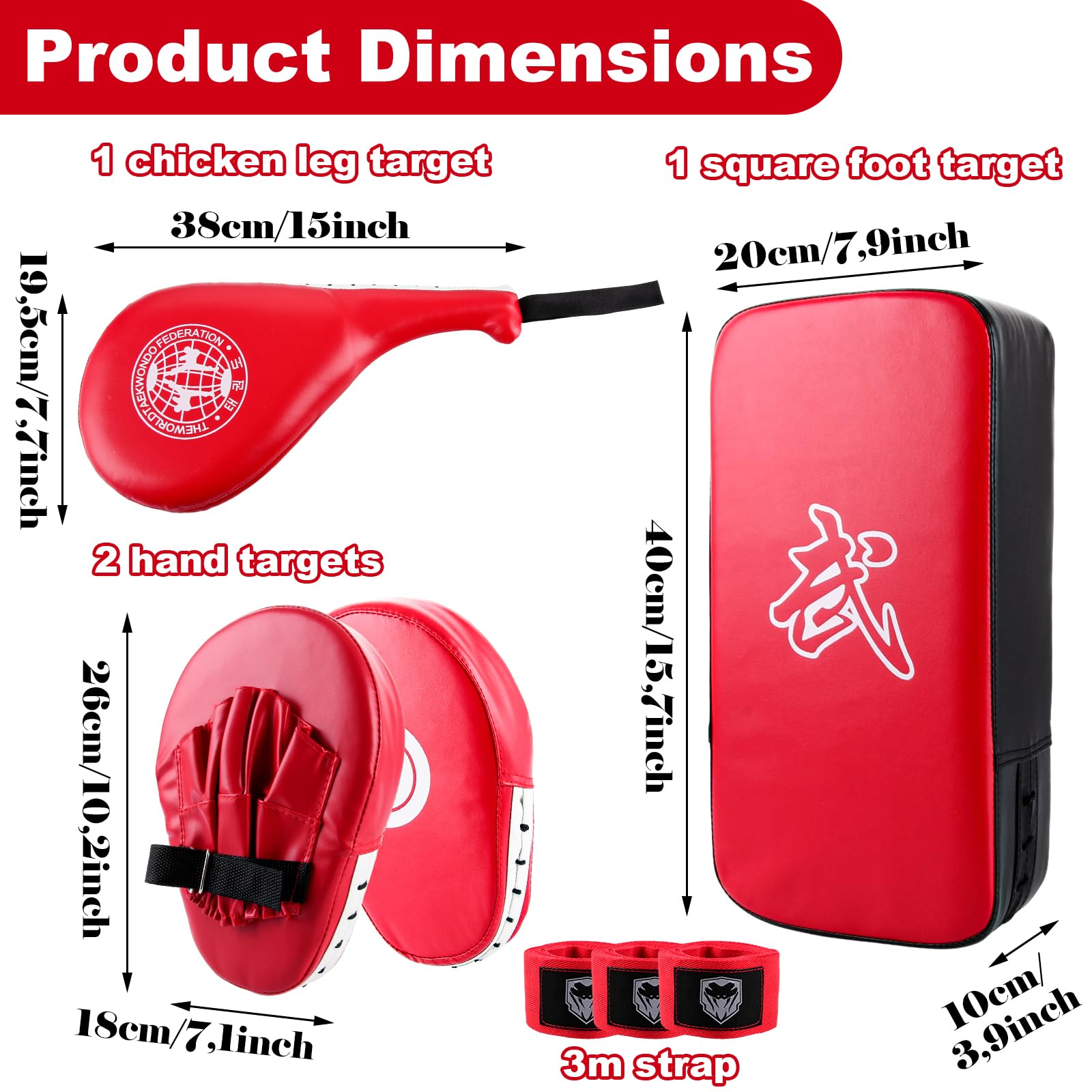 Pao Boxe Rouge avec Pattes d'ours de Boxe, Bouclier de Frappe, Cible Jambe et Sangle 3 m, Set PU pour Karaté Taekwondo Muay Thai MMA et Arts Martiaux