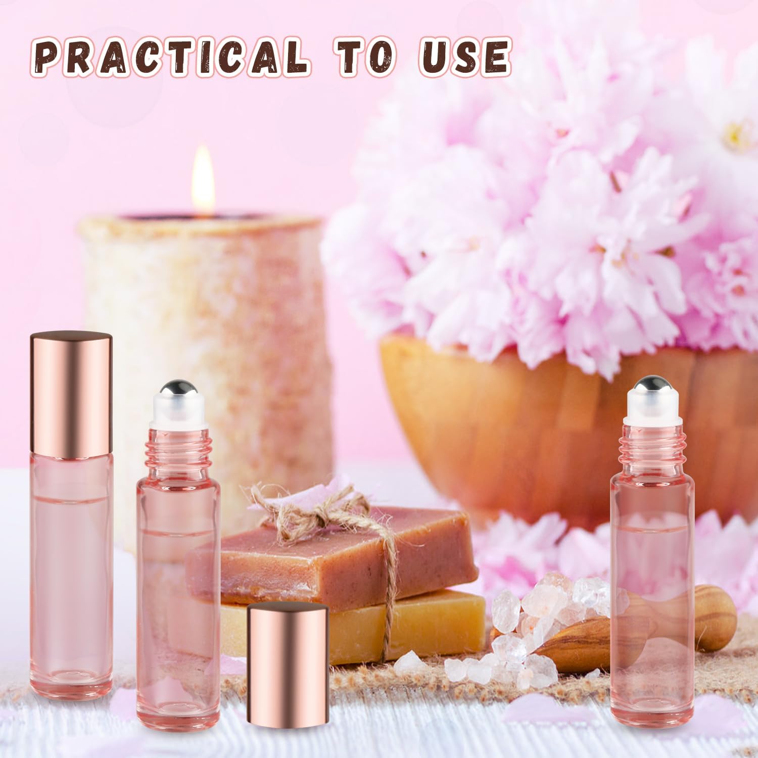 25 Pcs 0.34oz/10ml Essential Oil Roller Bottles Glass Roller Bottles Empty Cosmetic Vials Containers with Stainless Steel Roller Balls for Travel - Rose Gold Lid