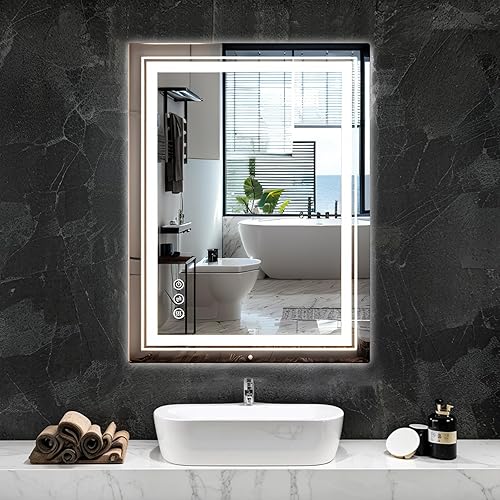 Fangflower Espejo LED de 36 x 28 pulgadas para baño con luces integradas, espejos de pared iluminados con antiempañamiento, memoria, regulable, 3