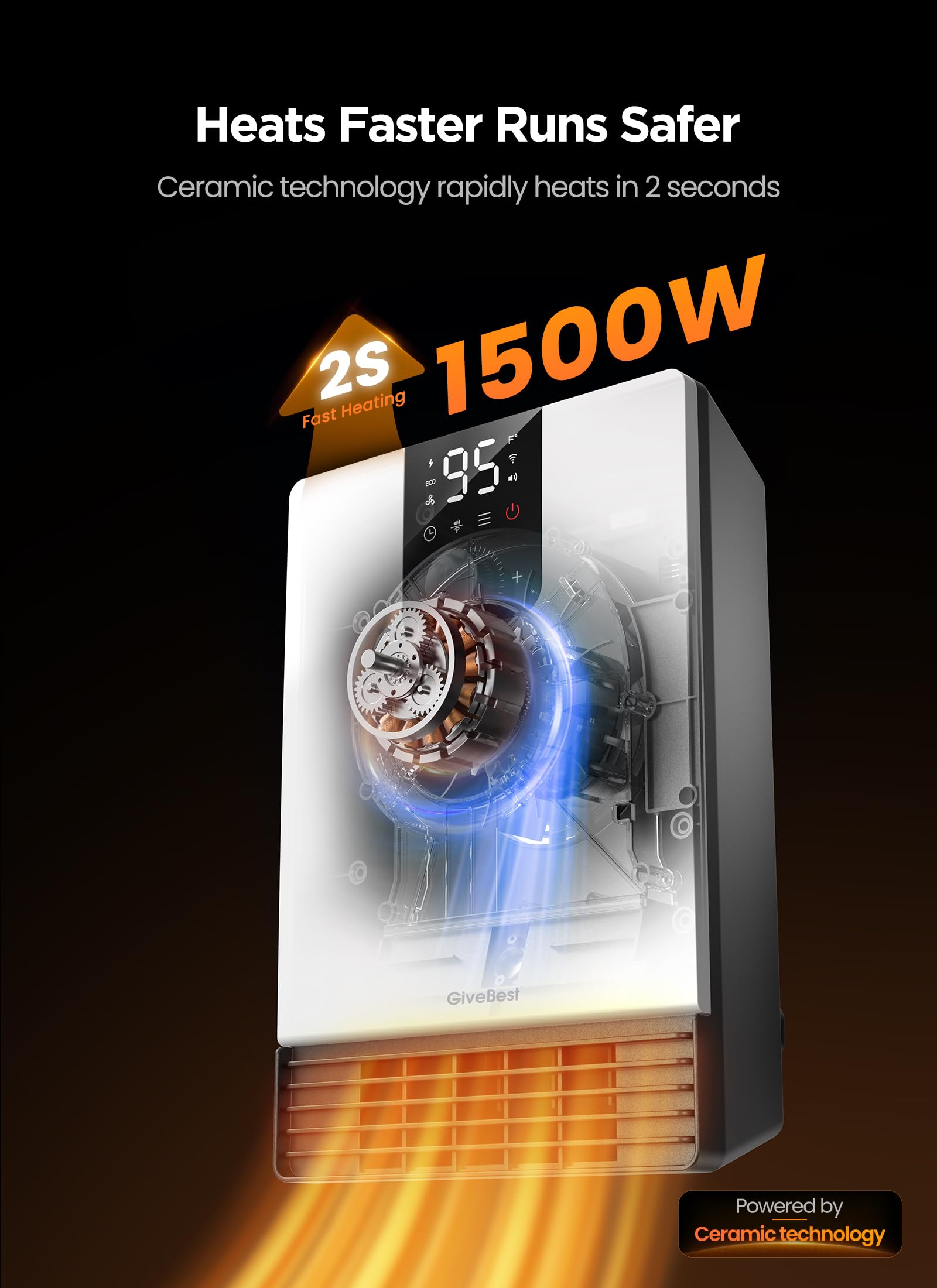 GiveBest - Grzejnik ścienny do łazienki, grzejnik elektryczny 1500 W z wtyczką ALCI, regulowany termostat, 3 tryby ogrzewania, 24-godzinny timer, łatwy montaż grzejnik do użytku