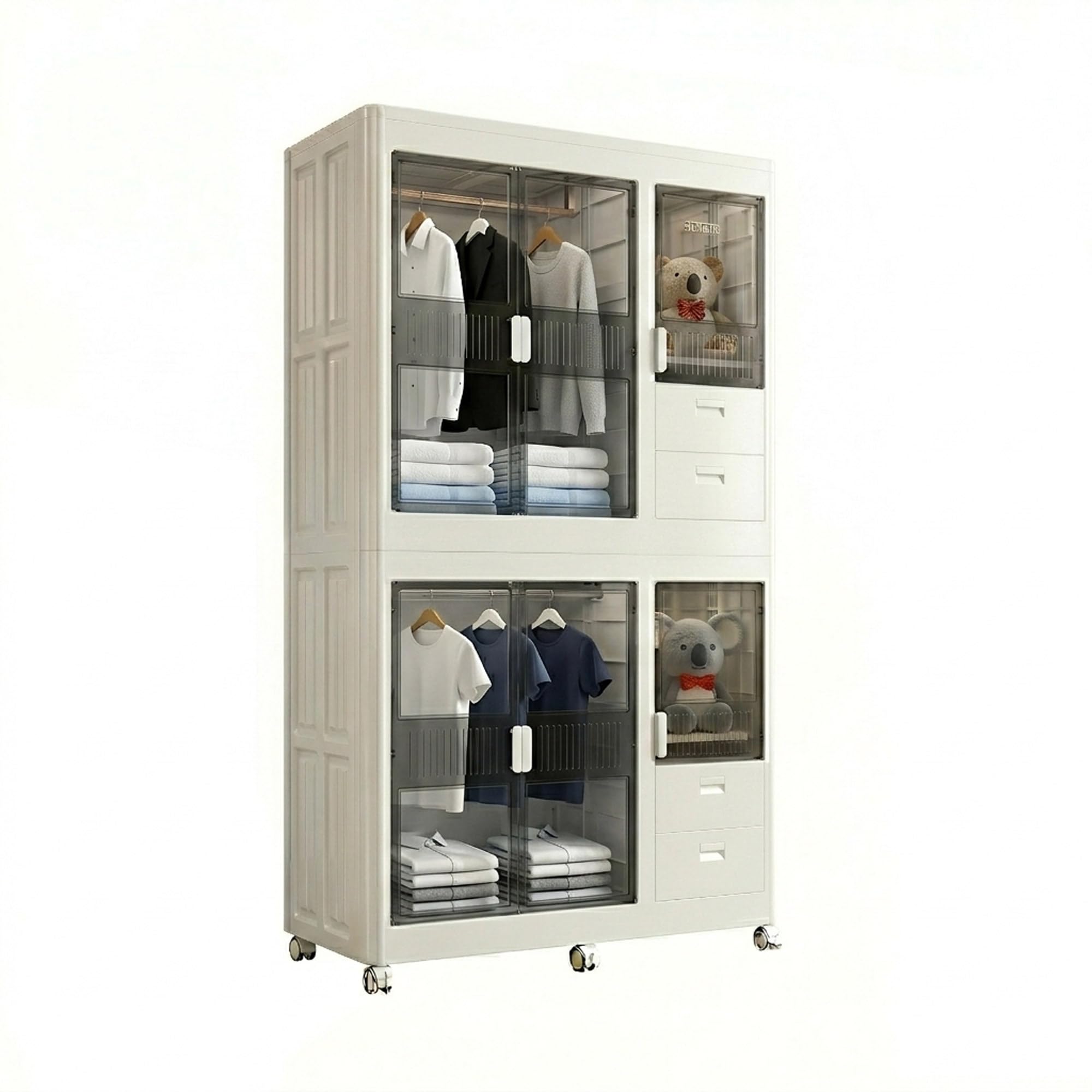Well Home Cajas de almacenaje apilables con puerta frontal, Organizador modular plegable con ruedas, Modularidad eficiente, Multiespacios, Armario plegable con 2 Compartimentos y 2 Cajones