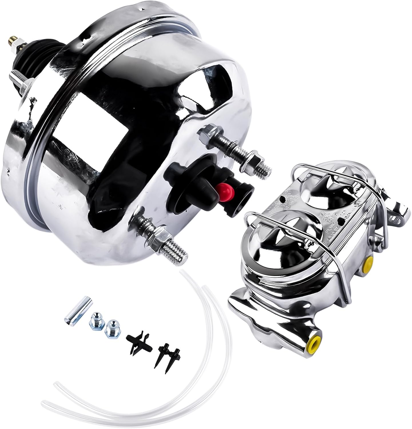 7" Chrome Power Brake Booster with Bail Top Master Cylinder 1" Bore 9/16" and 1/2" Zinc
