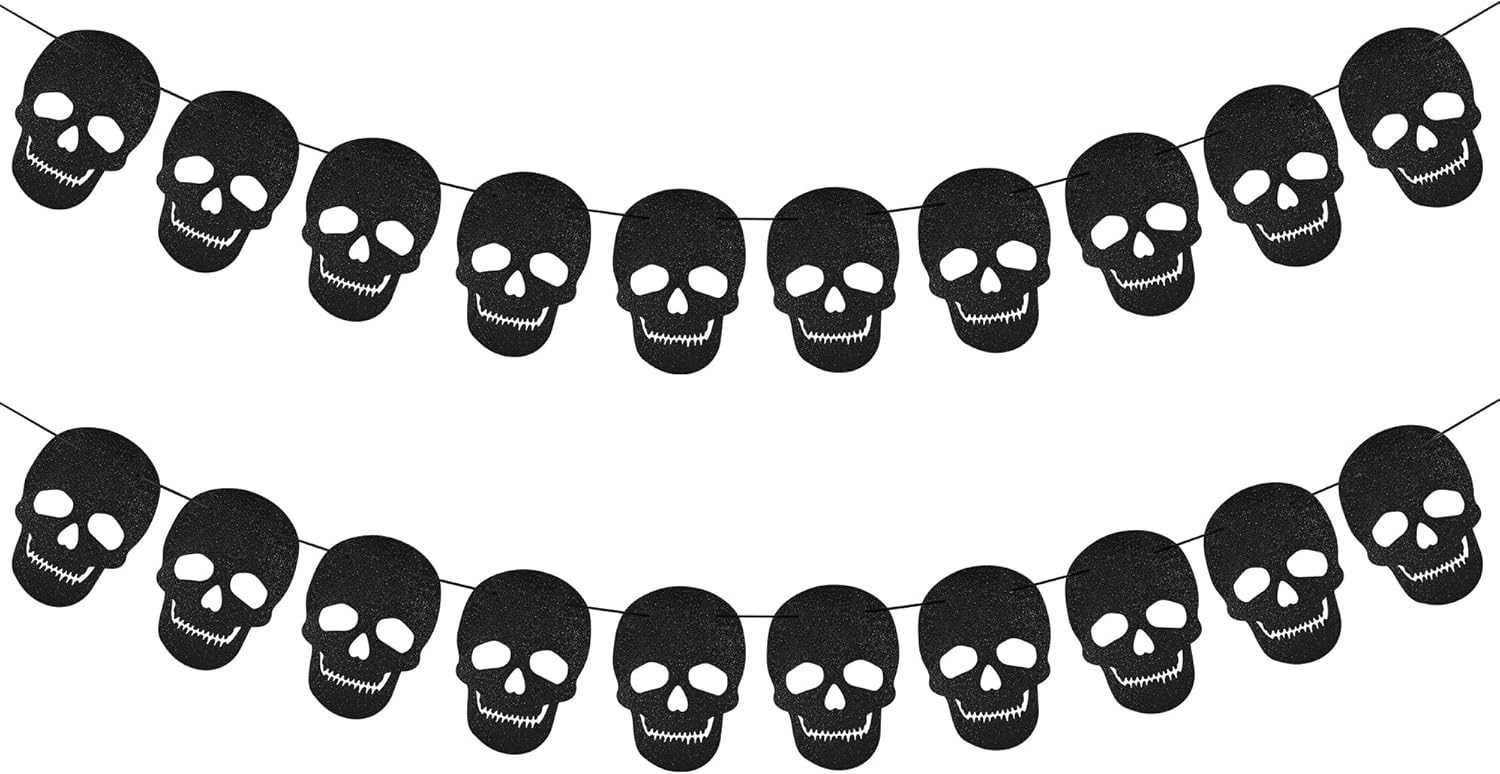 2 Pack Black Skull Garland Banner Spooky Skeleton Halloween Garland Banner for Skull Gothic Theme Birthday Party Decorations