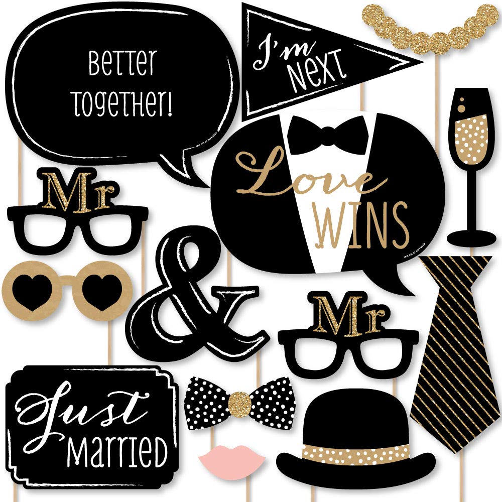 Big Dot of Happiness Mr. and Mr. - Gold - Gay Wedding Photo Booth Props Kit - 20 Count