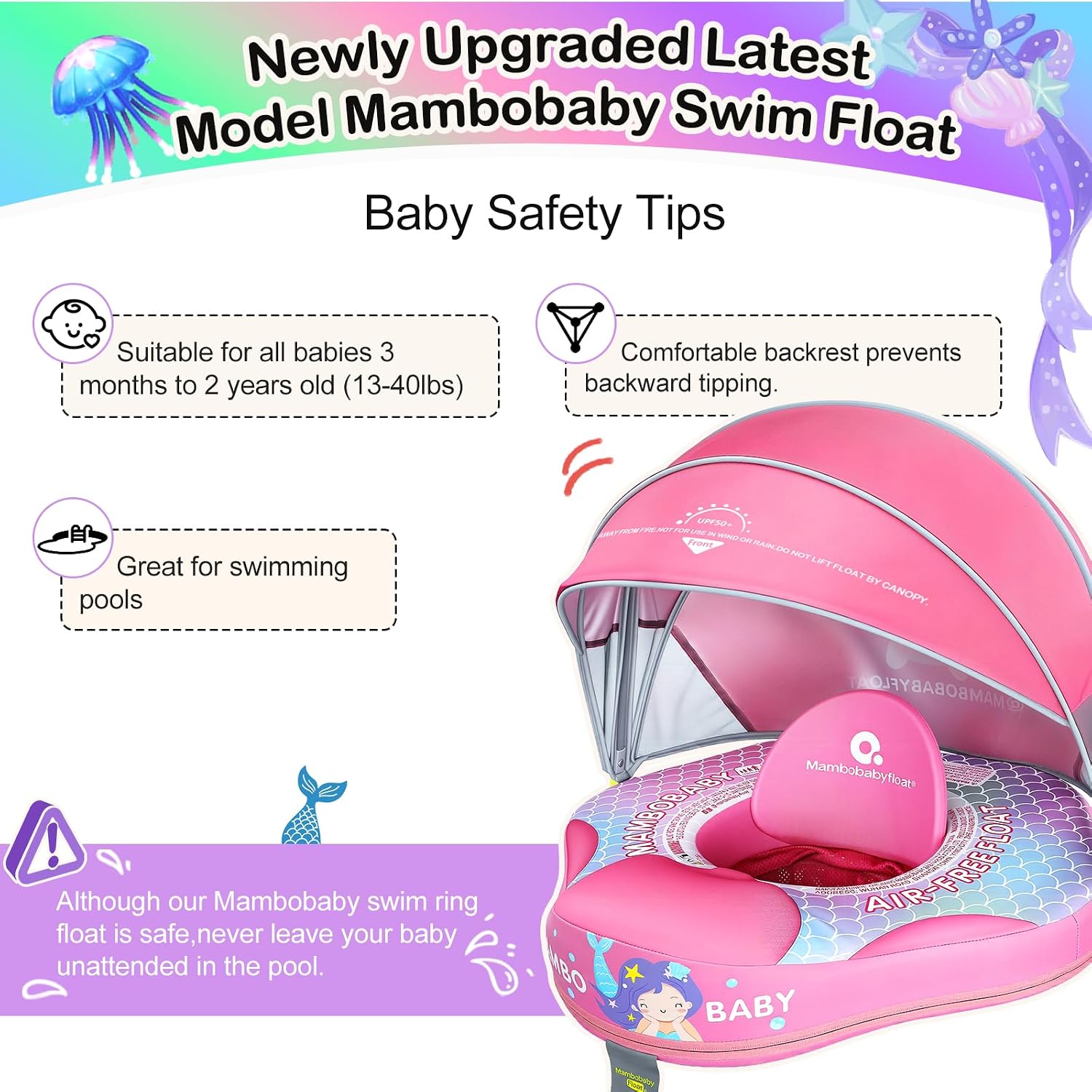 Mambobaby Baby Pool Float with Canopy, Non-Inflatable Infant Swim Float with Safe Seat and Tail Support for 3-24 Months, UPF 50+ Sun Protection