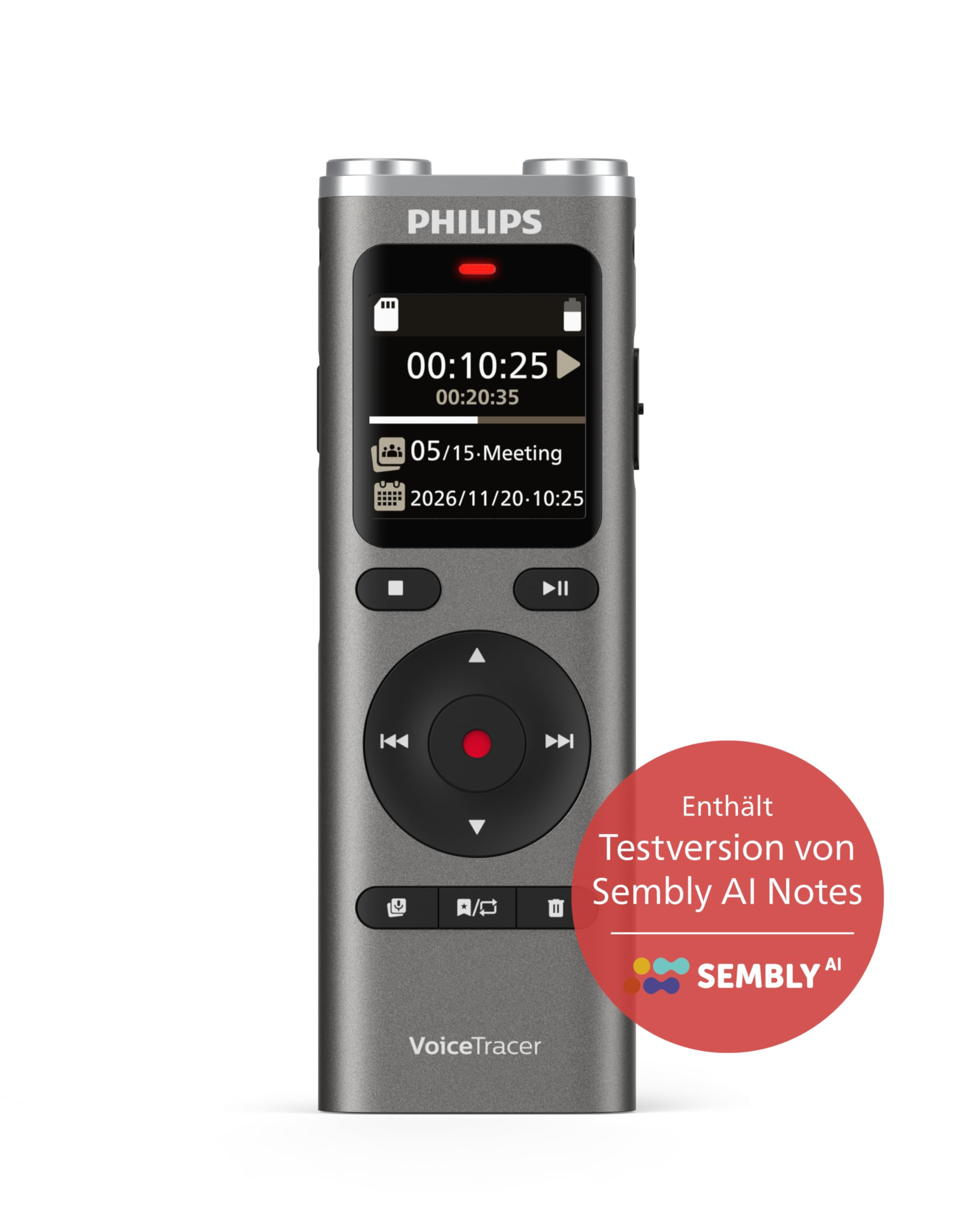 Philips DVT2075 VoiceTracer, Diktiergerät, Aufnahmegerät, MP3, Stereo, Li-on Akku. Sembly AI zur Spracherkennung für mehrere Sprecher, Automatische Erstellung von Zusammenfassungen