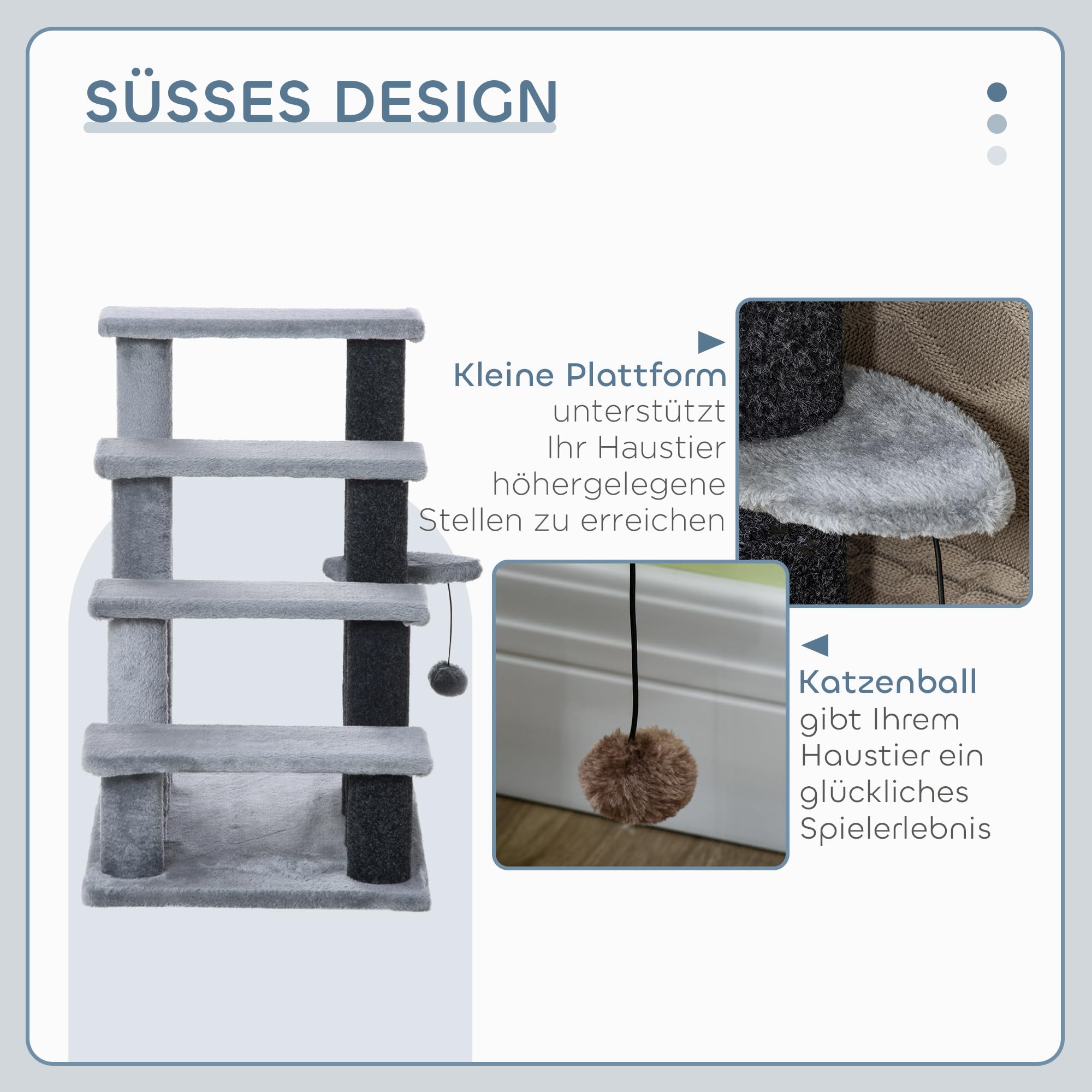 PawHut Katzentreppe 4-stufige Haustiertreppe mit Kratzsäulen Ball Hundetreppe Tiertreppe für Katzen Plüsch Jute Grau 60 x 40 x 64 cm
