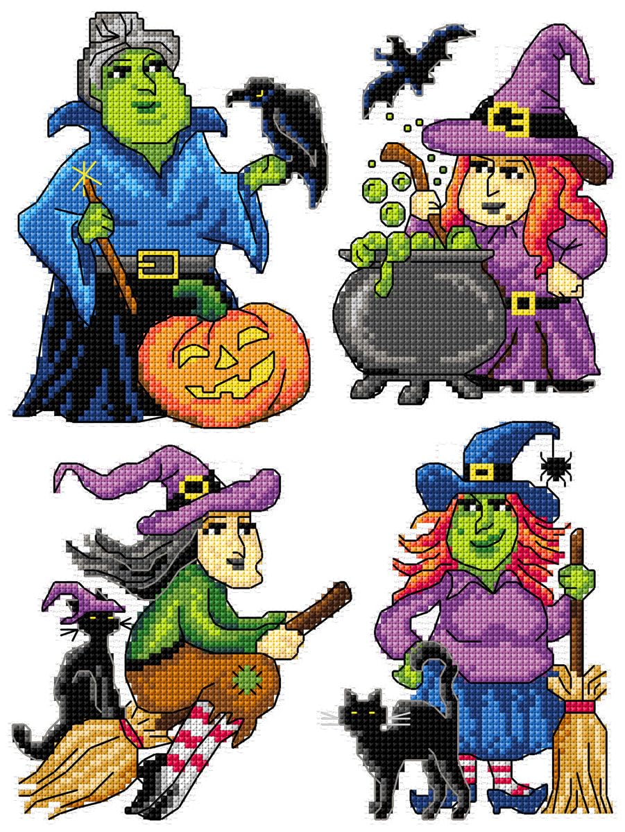Crafting Spark Halloween Witches Counted Cross Stitch Kit On Plastic Canvas With 4 Fascinating Ornaments Different Dimensions 160Cs. Great For Art & Craft Amateurs