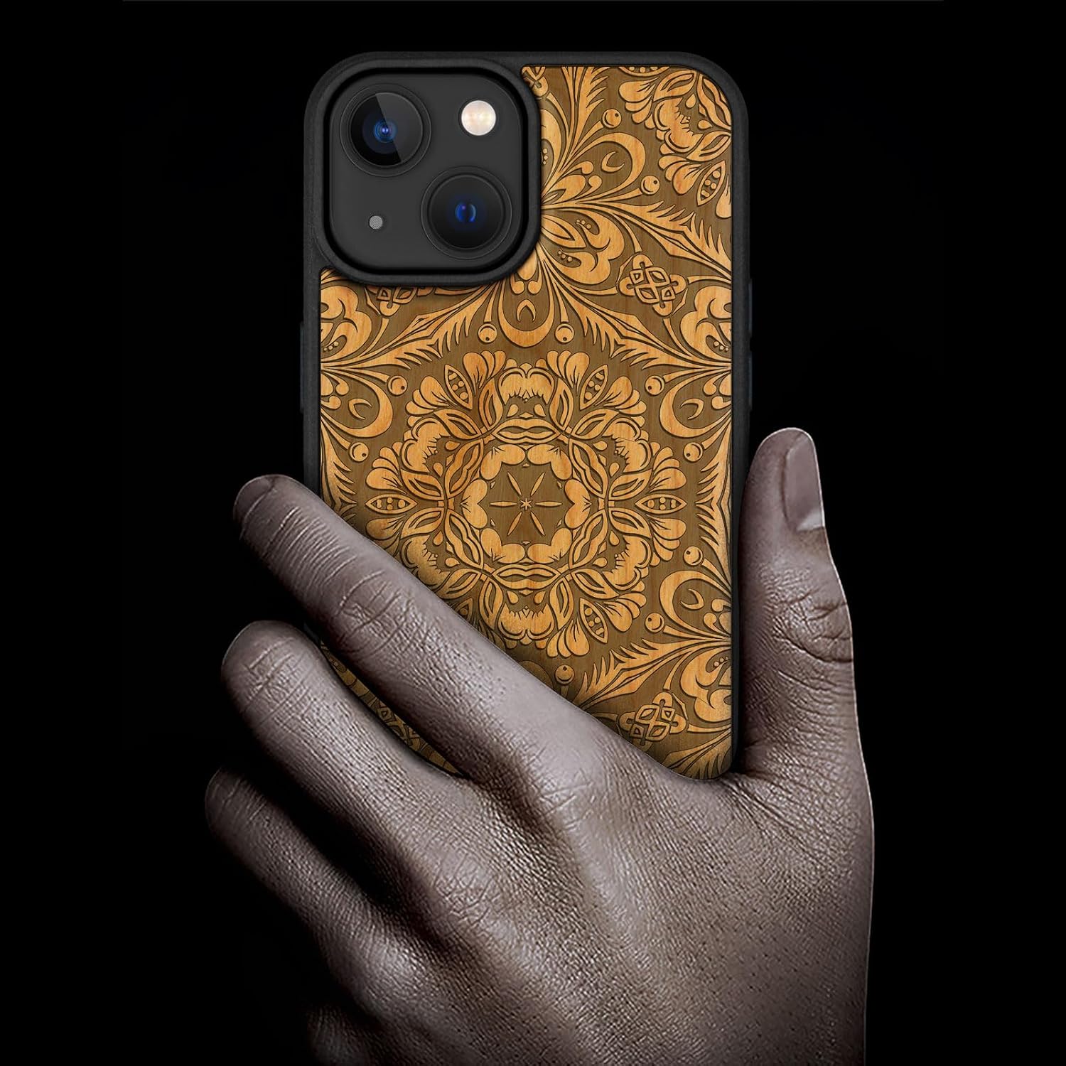 Carveit Magnetic Wood Case for iPhone 14 Case [Natural Wood & Black Soft TPU] Shockproof Protective Cover Unique Wooden Case Compatible with magsafe (Baroque Blossom -Cherry)