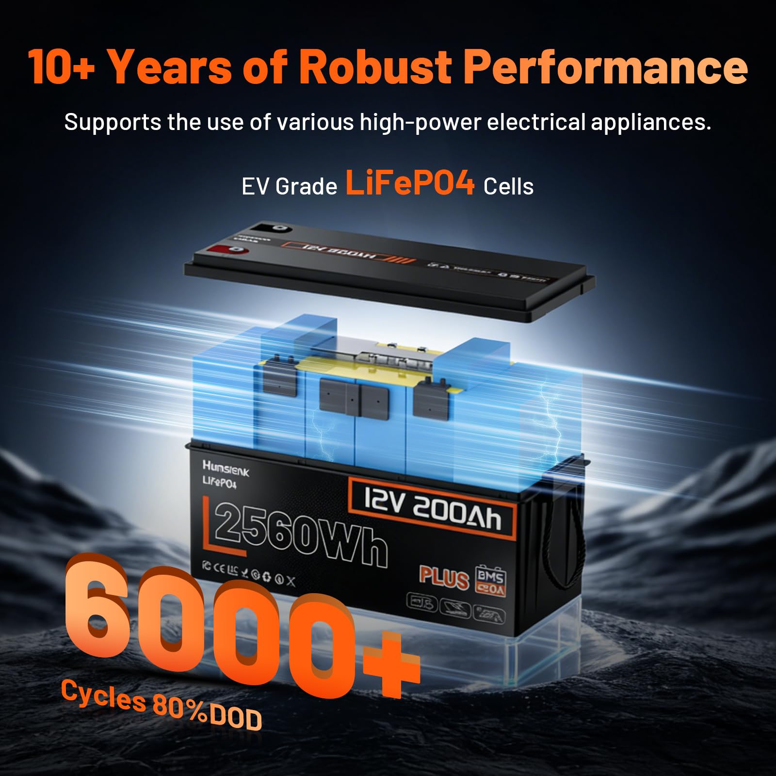 Humsienk Akumulator LiFePO4 12V 200Ah, BMS 250A, Moc 2560W, 6000+ Cykli, do RV, Solarnych, Kamperów i Morskich