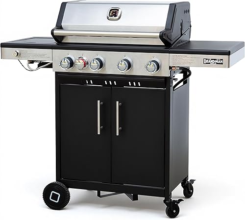 Brand-Man - Parrilla de gas propano portátil, 4 quemadores, compacta estilo gabinete, parrilla de barbacoa de gas con quemador lateral infrarrojo y