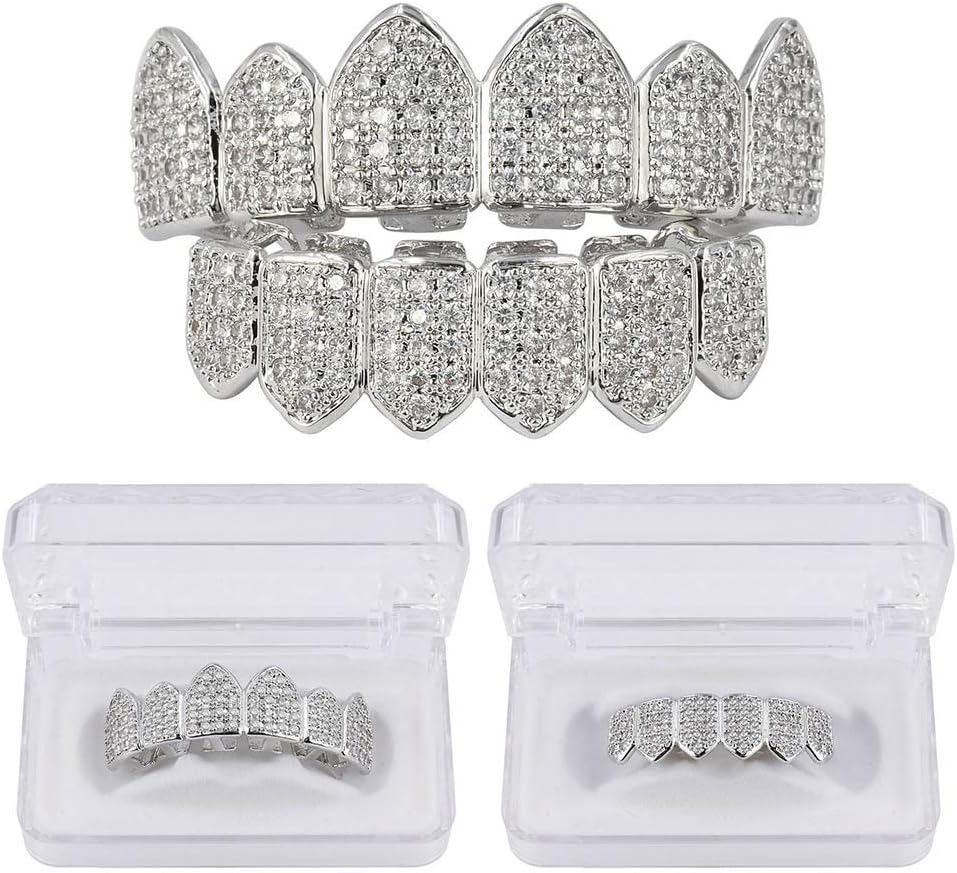 Hip Hop Unisex 18K Gold Plated Iced Out CZ Simulated Diamond Top Bottom Teeth Grillz Set for Men Women