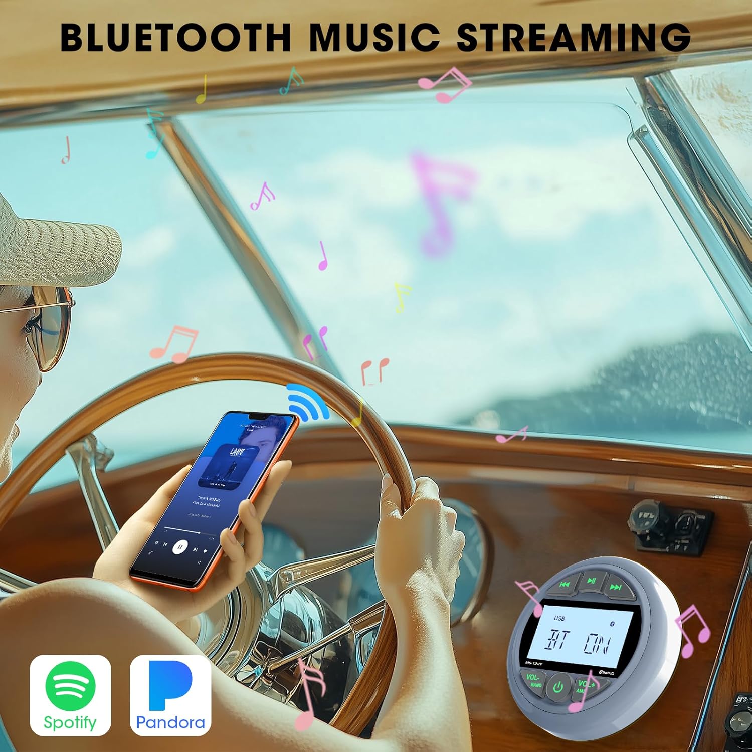 Bluetooth Marine Stereo Receiver: Waterproof Gauge Radio System - Digital MP3 Player 2.8 Inch LCD Display AM FM USB AUX Subwoofer for Boat ATV UTV Off-Road Vehicles