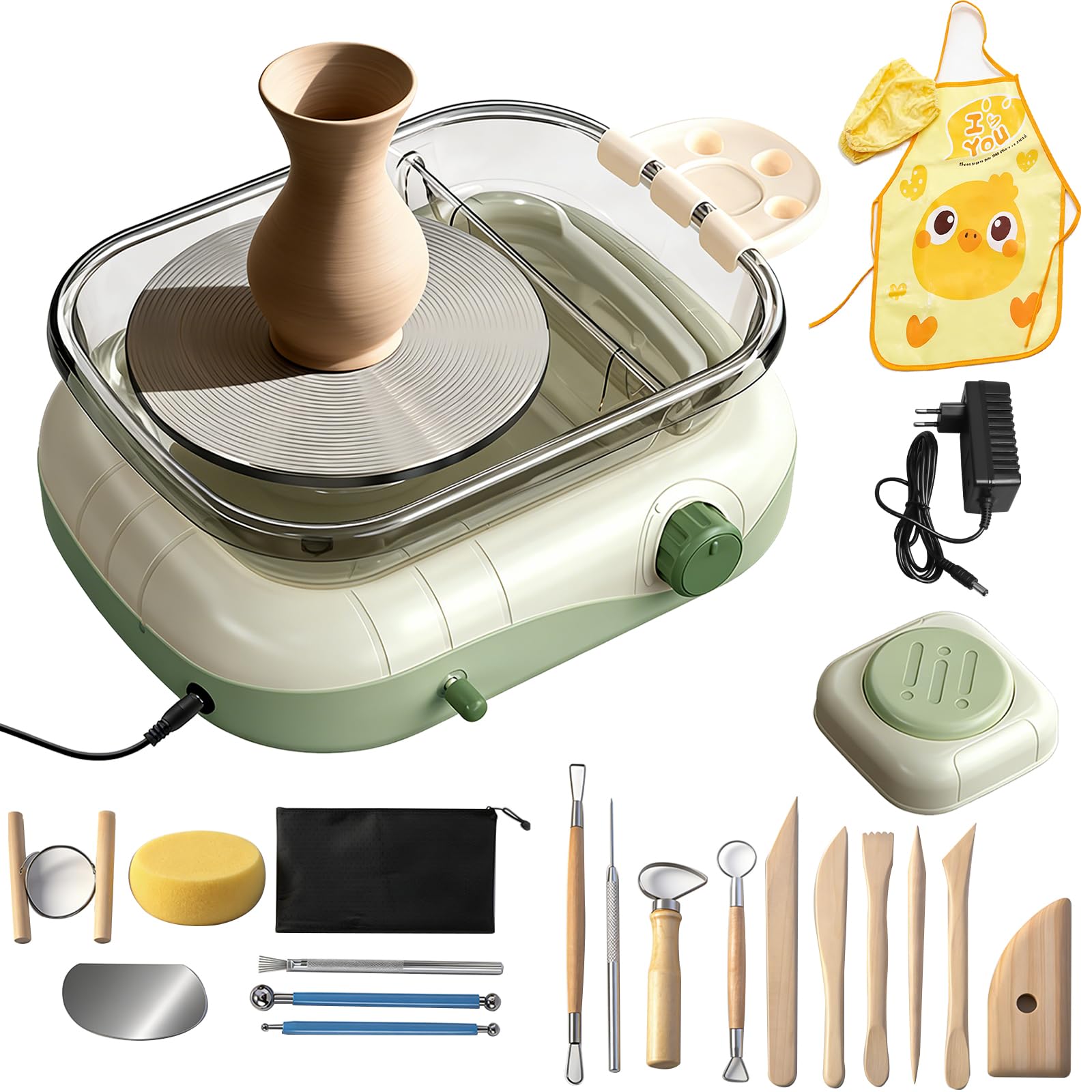 Piattaforma da Ceramica per Bambini, Kit Mini Tornio da Ceramica con Pedale e Scatola Portaoggetti, Rotazione Bidirezionale, con DIY Utensili, Regalo Creativi per Bambini Adulti Principianti