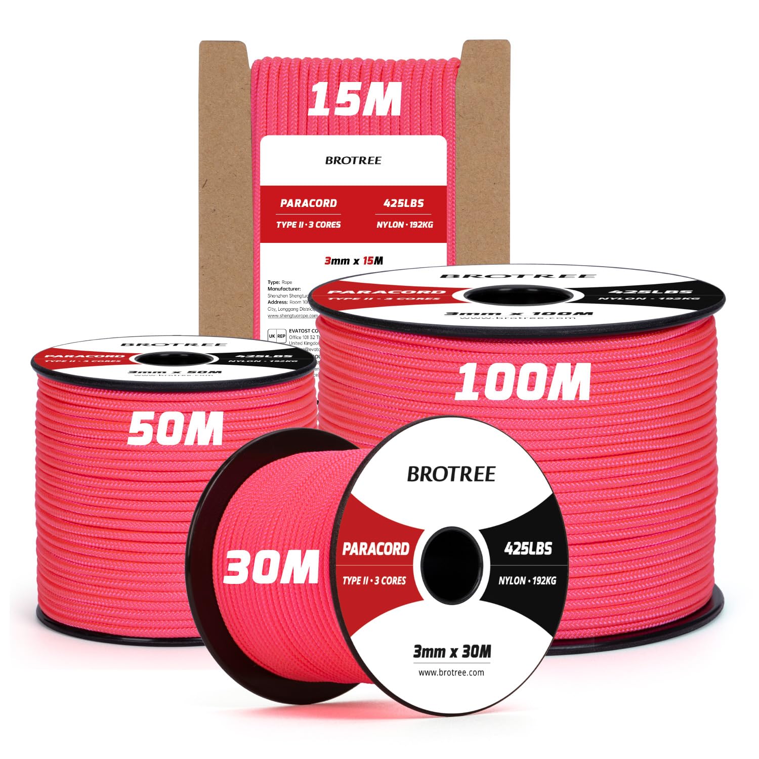 Brotree 3mm Paracord 425 100% Nylon 15M Rope 3 Strands Type II Parachute Cord for Outdoor, Craft, DIY - 192kg Breaking Load (Neon Pink)