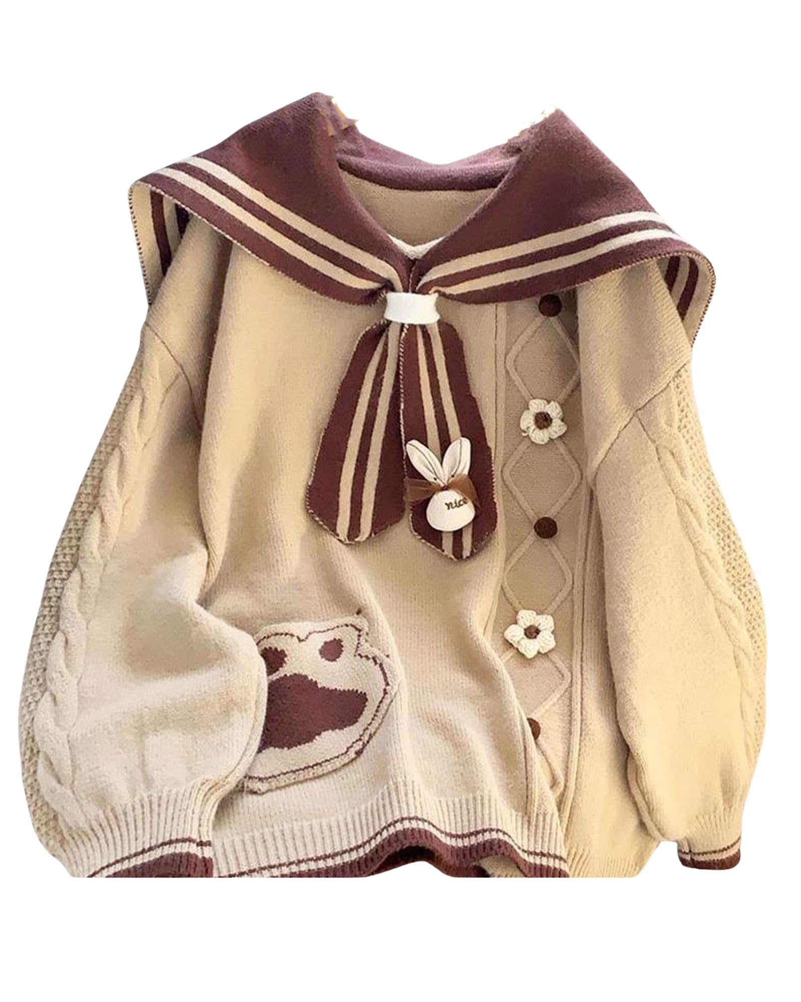 CORIRESHA Girlish School Style Cute Cat Paw Sailor Collar Long-Sleeve Knit Sweater Fashionable Collar Print Top