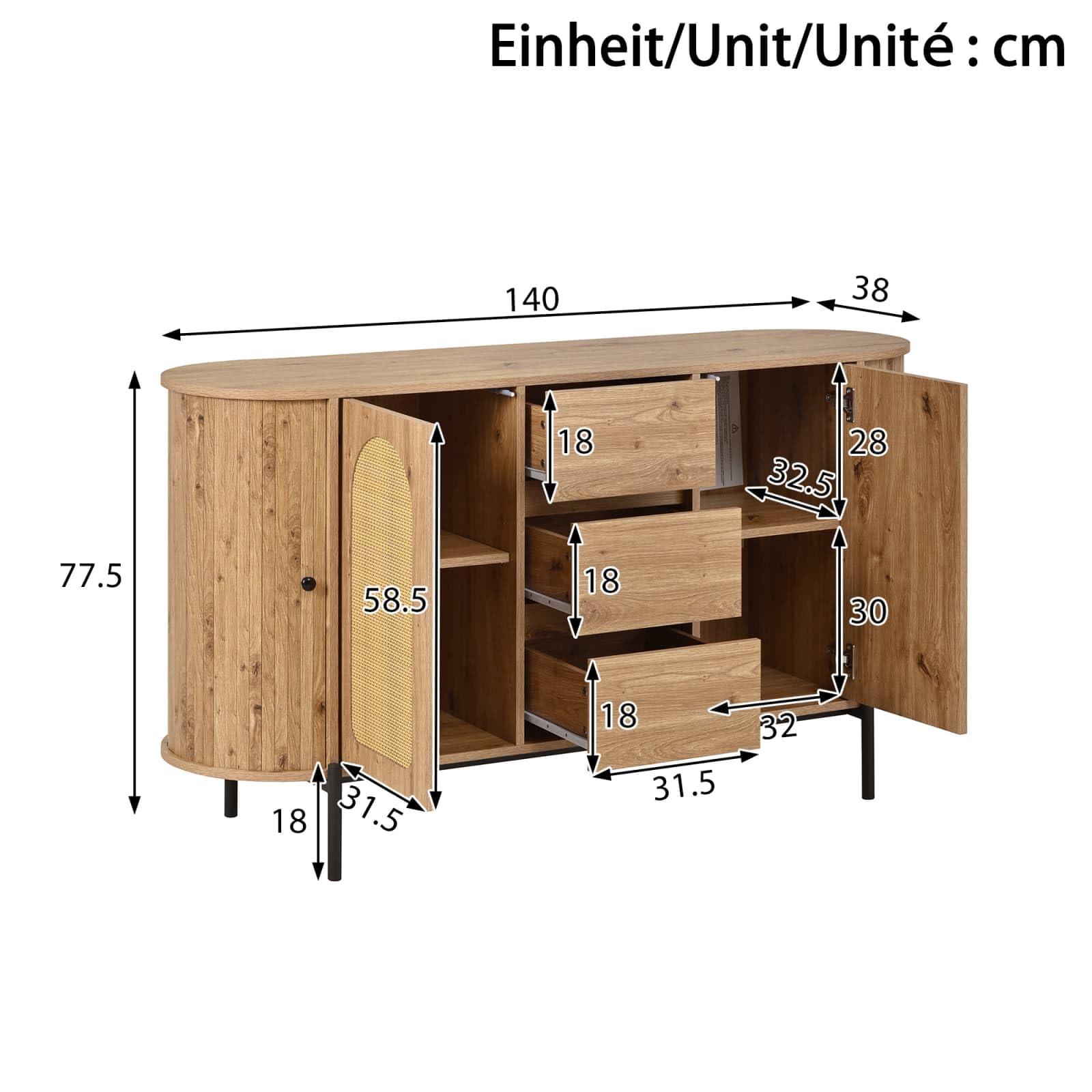 KOMHTOM Ensemble Meubles Salon 3 Pièces Meuble TV 200cm Buffet Table Basse Portes Coulissantes Effet Cannage Rotin Naturel(Bois Naturel - Effet Cannage (3 Pièces))