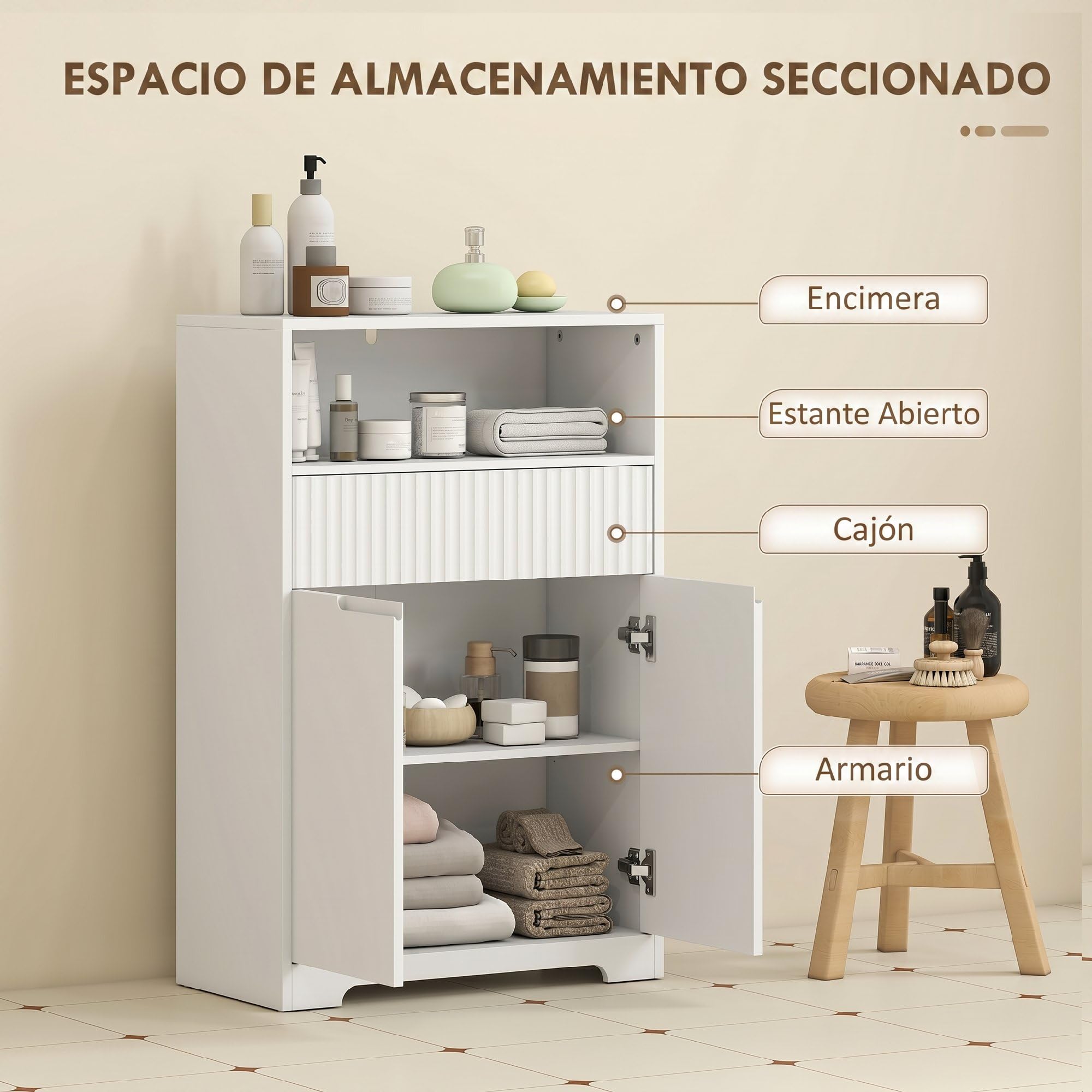 HOMCOM Armario de Baño Estrecho con Estante Ajustable 60x30x91,5 cm Blanco | Mueble de Baño, Cajón de Frontal Acanalado, Estante Abierto, 2 Puertas, Estilo Moderno
