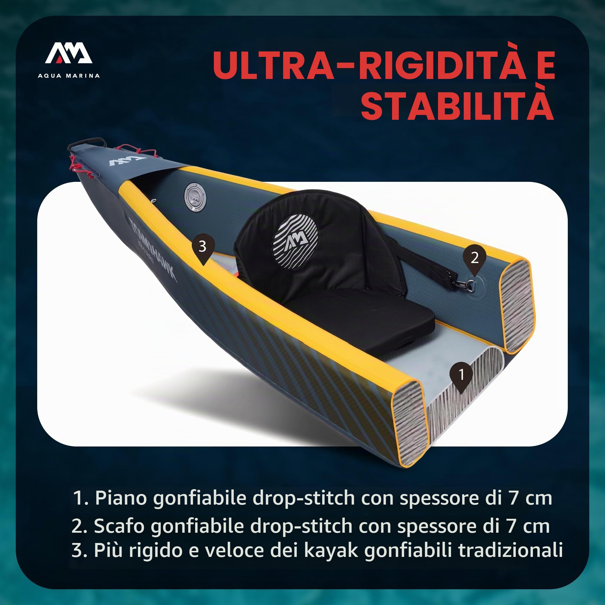 Aqua Marina Tomahawk, AIR-K - Kayak gonfiabile ad alta pressione, per 1 persona, lunghezza 375 cm, colore: blu marino/giallo