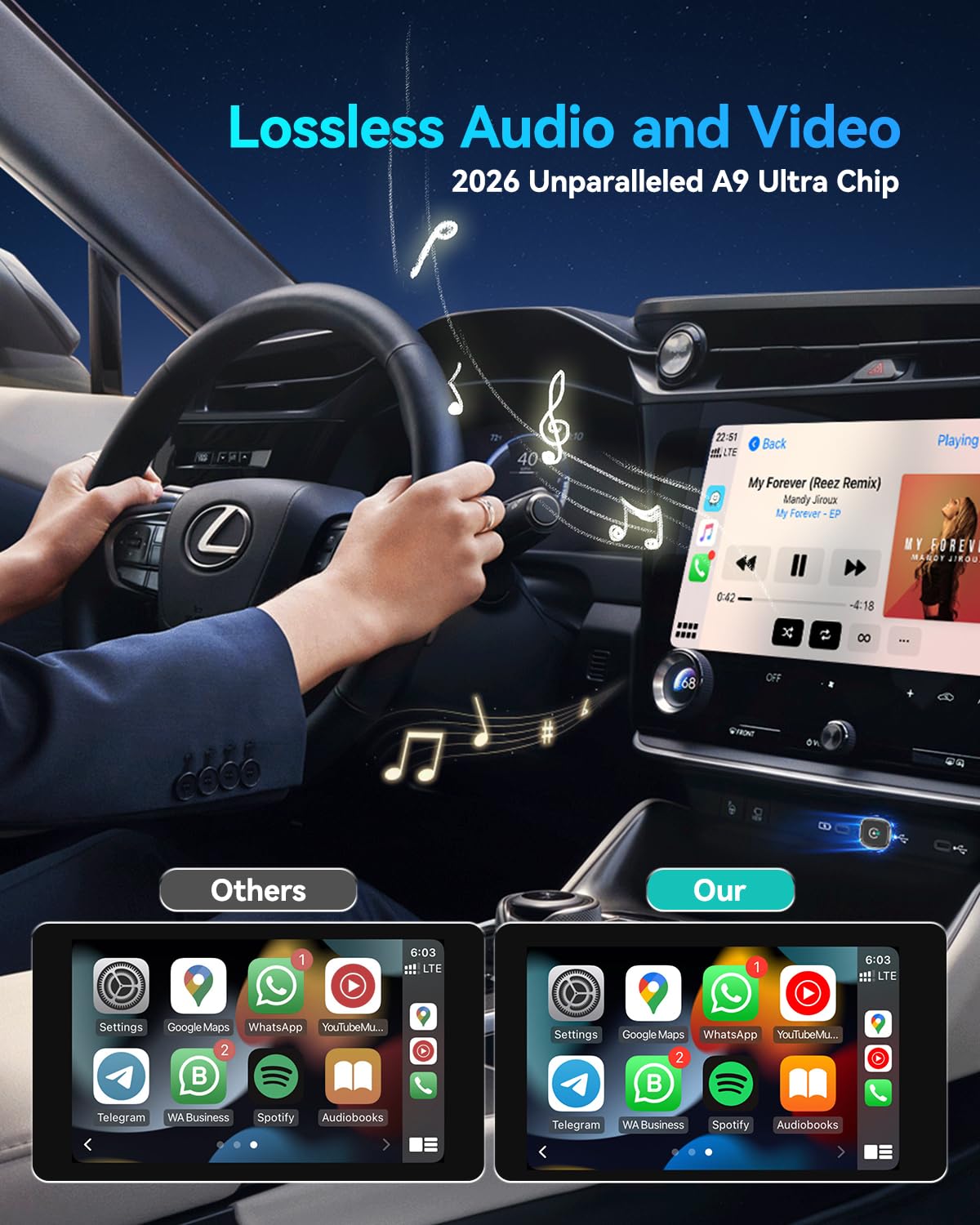 2026 Adaptateur Carplay & Android Auto sans Fil, Ultra Compact Carplay sans Fil pour iPhone, USB-C/USB-A, Connexion Rapide Stable, Compatible avec iOS 10+ et Android 10+ (USB Type A) (Argent)