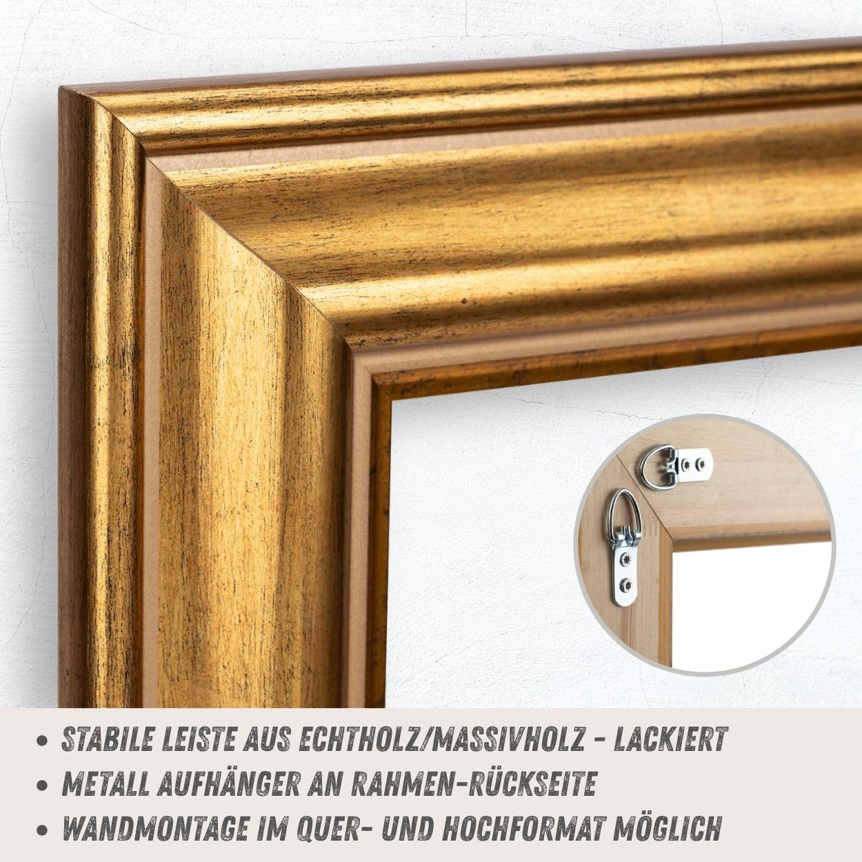 N°75 Barock Bilderrahmen 20x20 cm Bildmaß, Gold, Massivholz | breite Echtholz-Profilleiste, Acrylglas glasklar & bruchsicher, Vintage-Stil, HDF-Rückwand, Metallaufhänger, handgefertigt