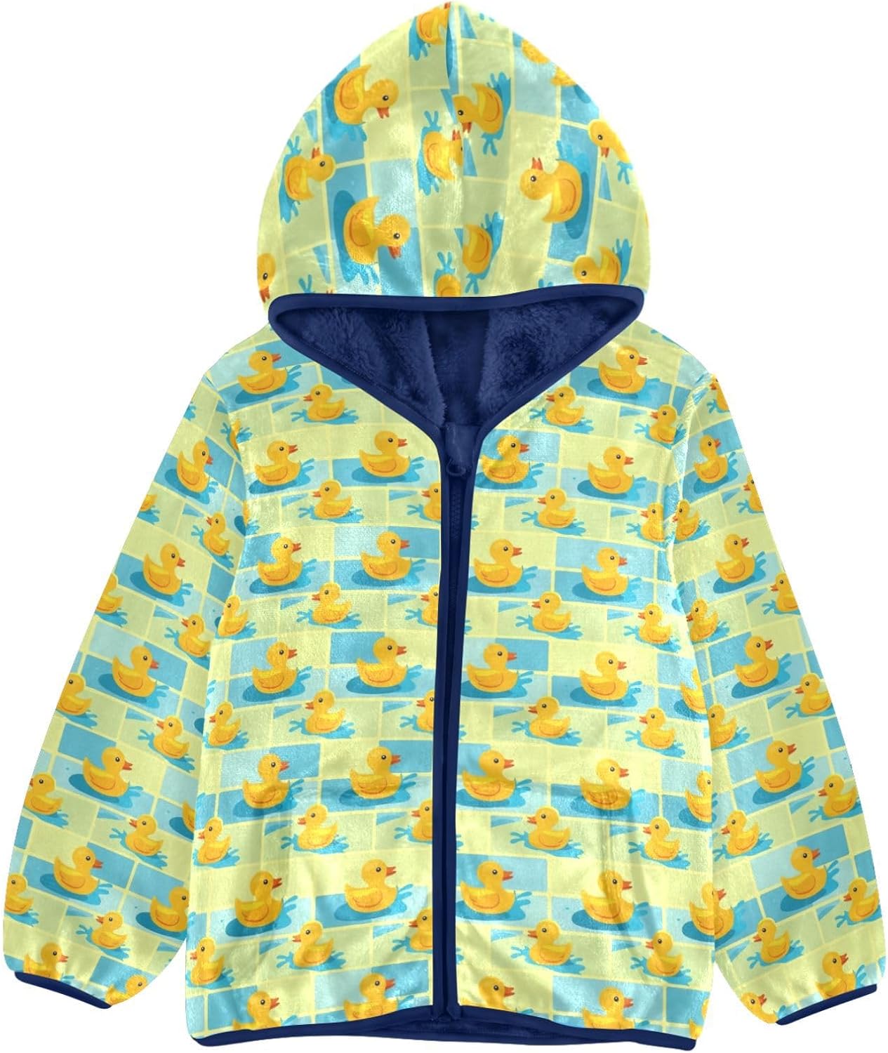 Yellow Rubber Duck Pattern Toddler Fleece Jacket Children Plush Coat Navy Blue Baby Zipper Hoodie