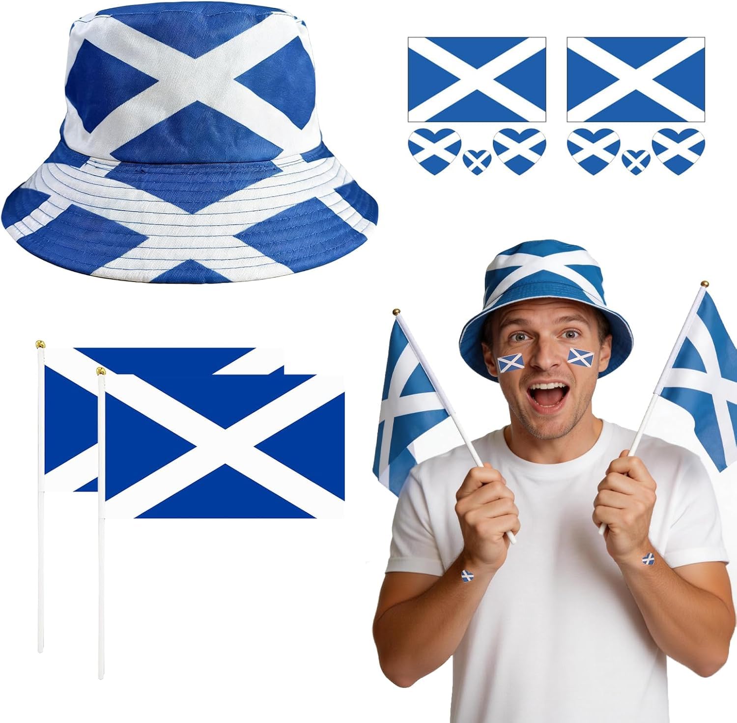 iPhox 5 Pcs Scotland Fan Accessories Set, Scotland Bucket Hat, Handheld Flags & Face Tattoos, Patriotic Scottish Football Merchandise, World Cup Match Day Outfit for Adults