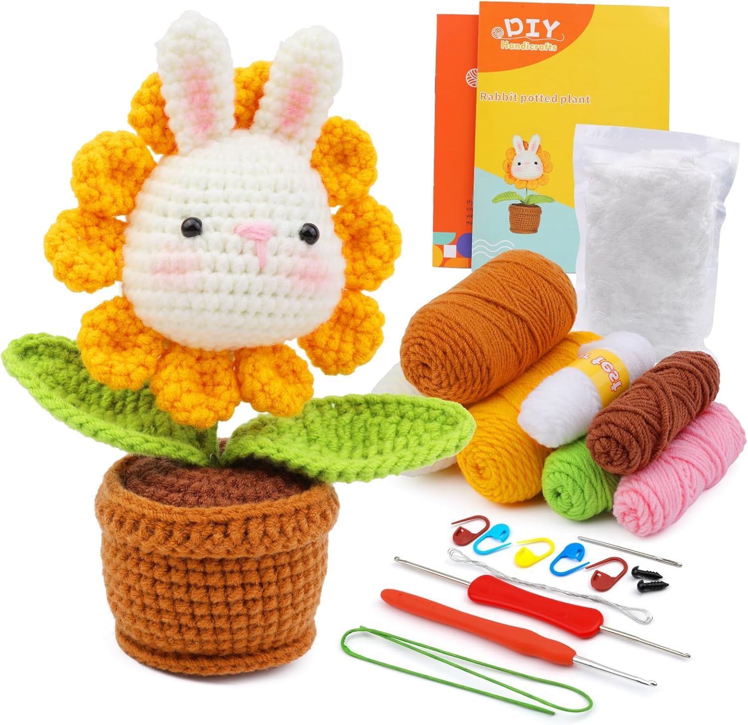 Tusmad Crochet Kit for Beginners Adults & Kids (13+) – Rabbit & Sunflower Complete DIY Craft Kit with Colorful Yarns, Ergonomic Hooks, Step-by-Step Video Tutorials – Perfect Beginner Toy Creation Gift