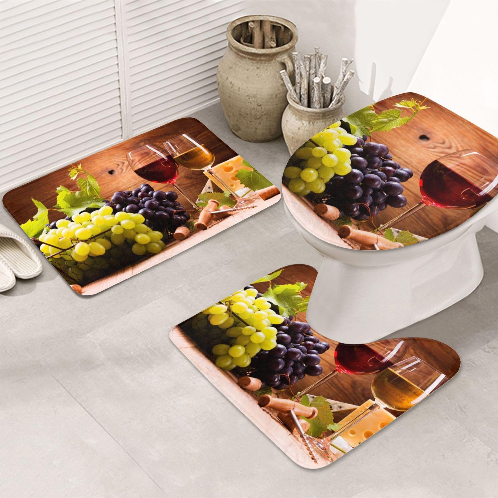 Tapis de salle de bain lot de 3 anti-chute et protection WC motif vin