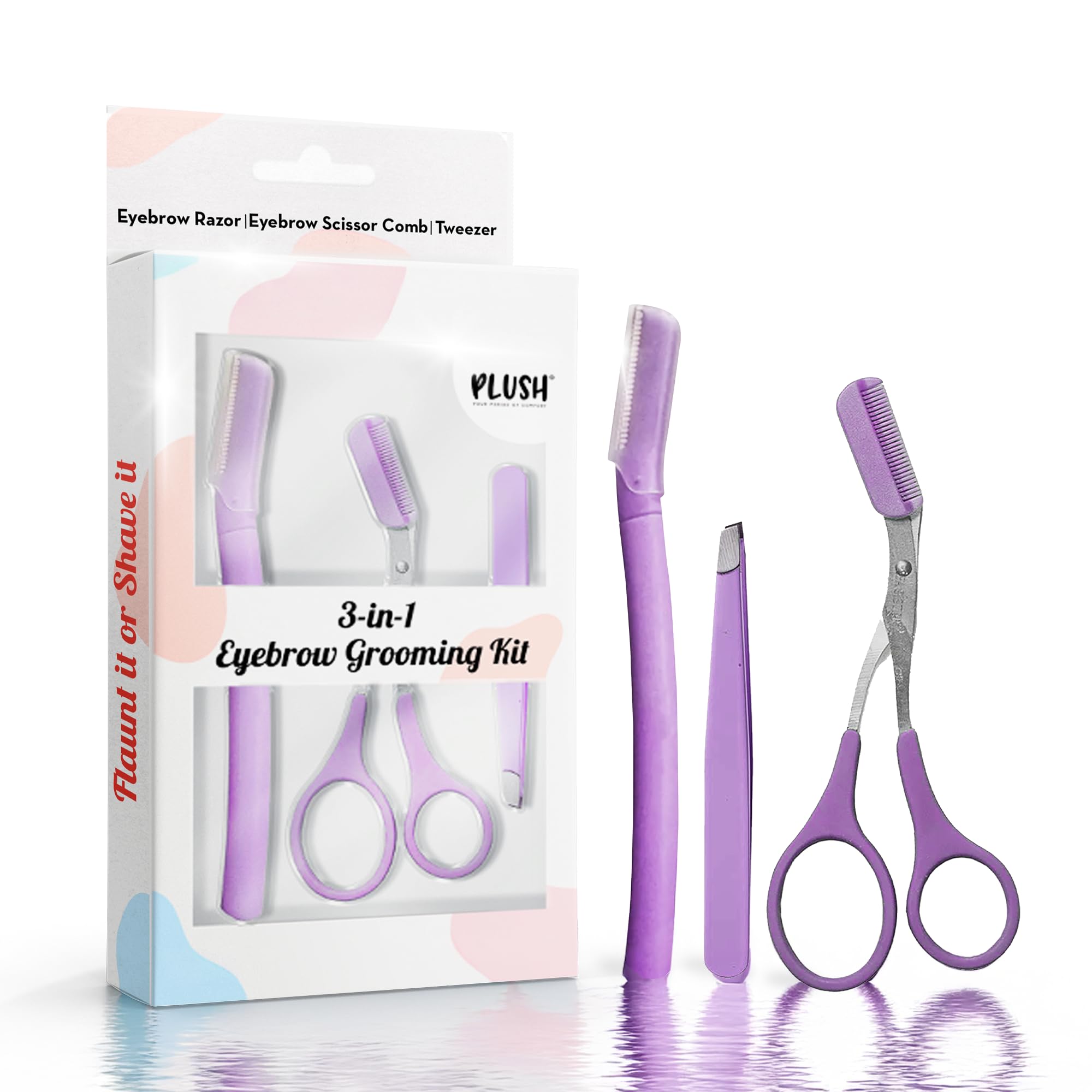 Plush 3-in-1 Professional Eyebrow Grooming Kit | Eyebrow Razor + Eyebrow Scissor Comb + Tweezer | For Instant & Painless Hair Removal At Home or On The Go | Precise & Safe Eyebrow Grooming Set-image-3