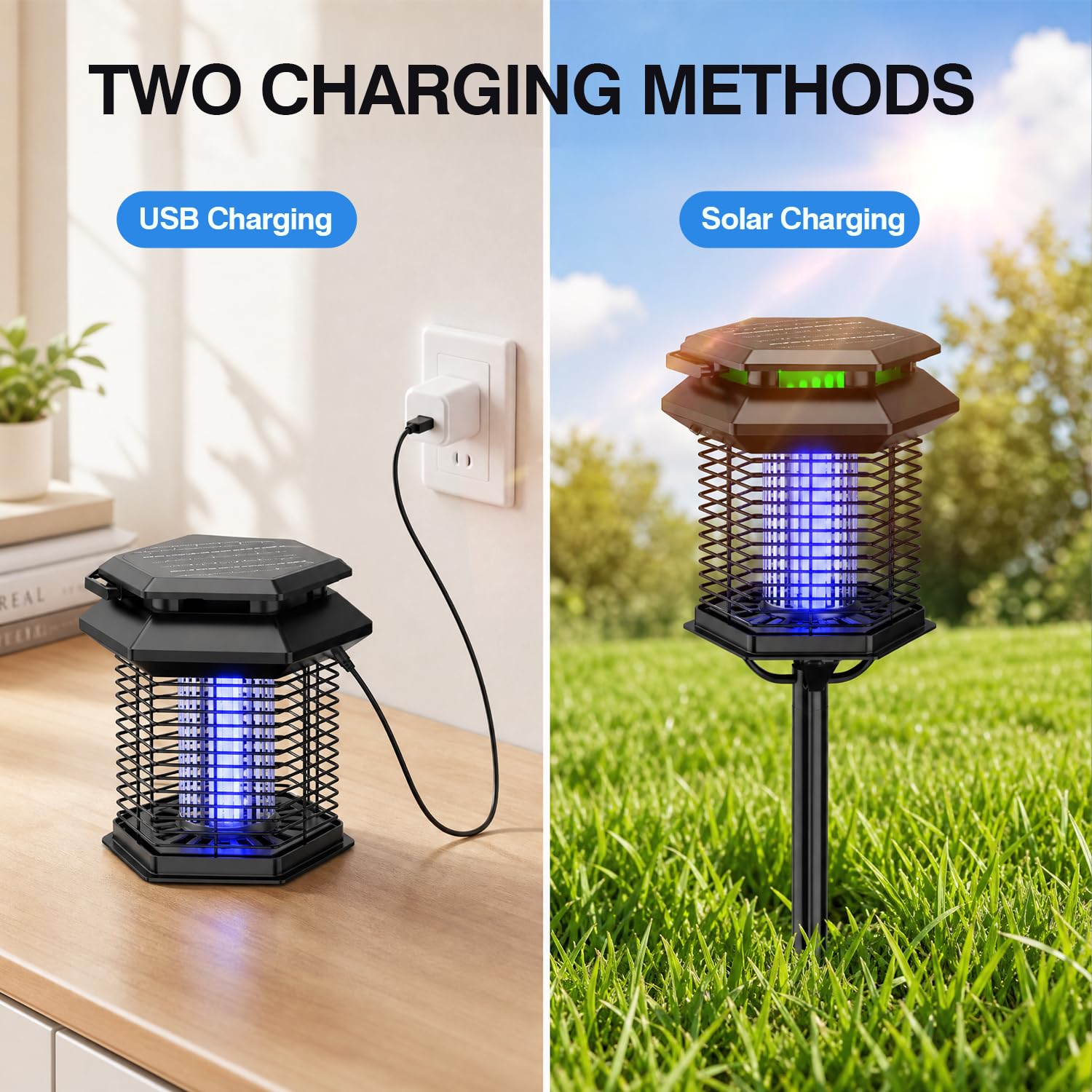 Solar Bug Zapper Outdoor, 10W Mosquito Zapper, Impermeabile Fly Killer, Ricaricabile Elettrico Mosquito Killer, Auto On/Off dal tramonto all'alba, Trappola per insetti senza fili per patio, cortile