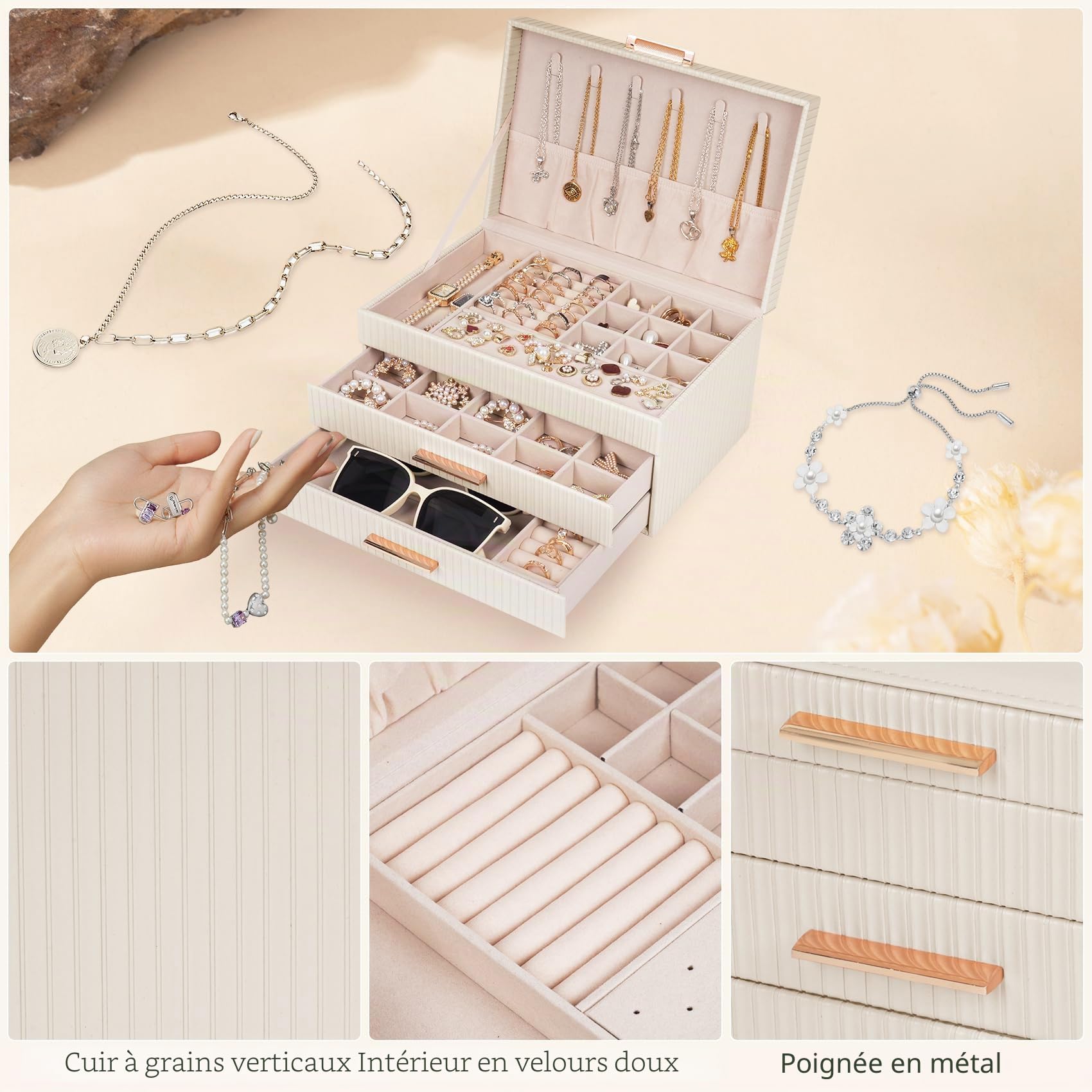 Dajasan Boite a Bijoux Femme, Boite à Bijoux avec 2 Tiroirs, 3 Niveaux Grande Boîte à Bijoux pour Coiffeuse, Cuir PU Imperméable Grain Vertical, Modern, Idée Cadeau pour Femme (Beige)