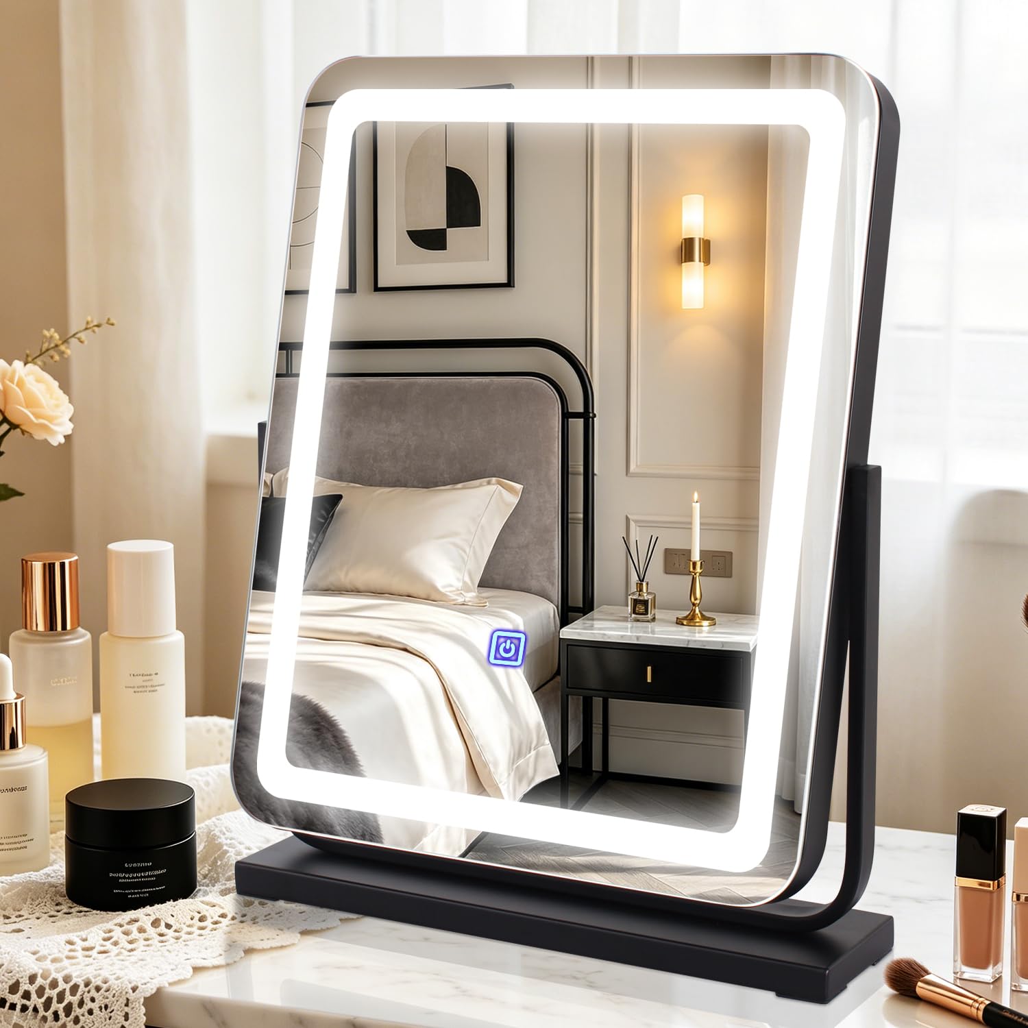 MantoLite Miroir de maquillage éclairé 40 cm pivotant 360° 3 couleurs commande tactile blanc