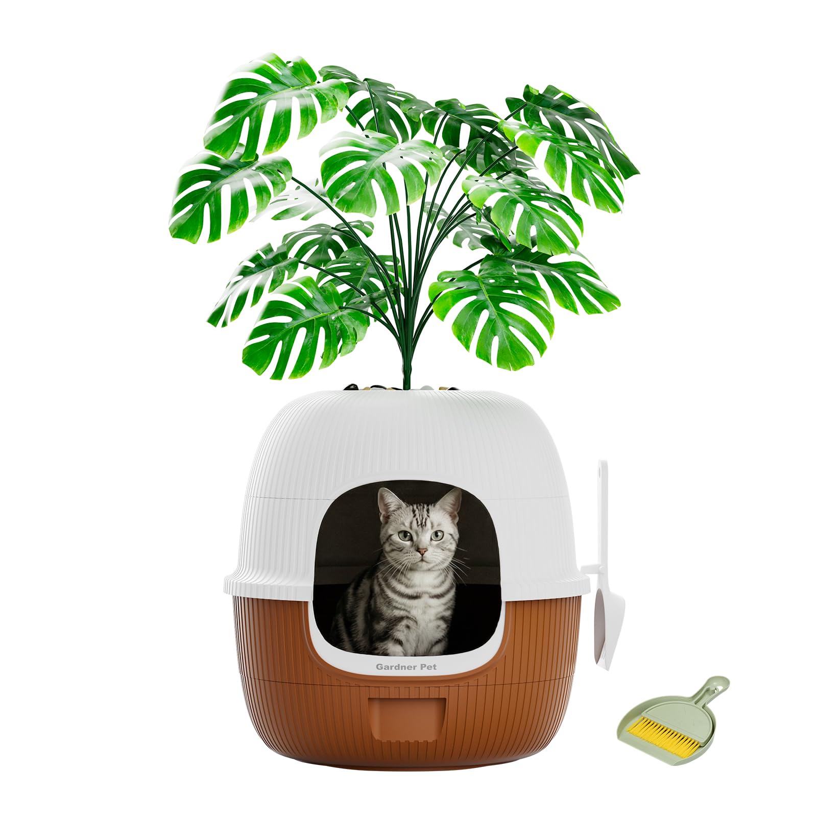 Gardner Pet Arenero Gato con Planta Artificial y Pala, Incluye Filtro de Carbón Activado Anti-Olores, Fácil de Rellenar, Limpiar y Mantener, Diseño a Prueba de Fugas - Marrón