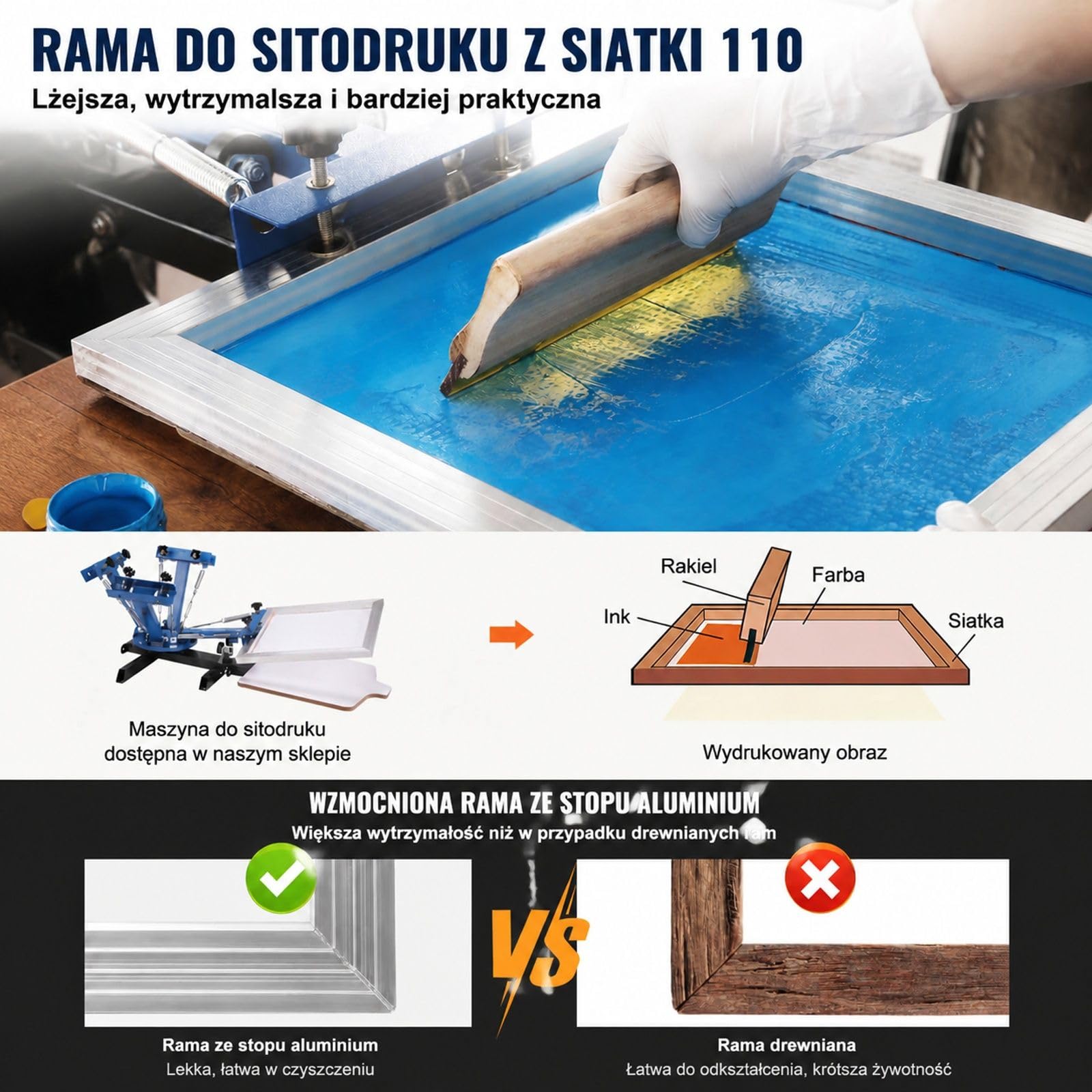 Zestaw sitodrukowy, 6 aluminiowych ram z siatką poliestrową i taśmą uszczelniającą na projekty T-shirt DIY