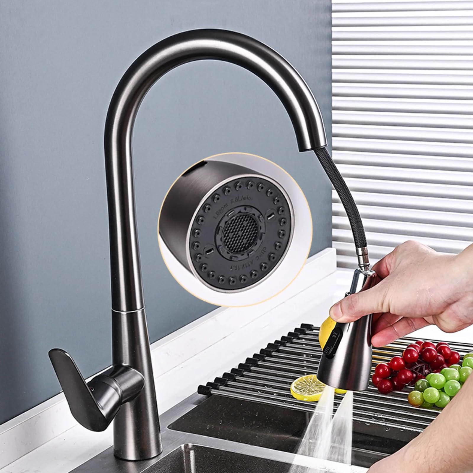 Grifo Cocina Extraible con 3 Modos, Todo Cobre, Agua Fría Y Caliente Giratorio A 360 Grados, Gris