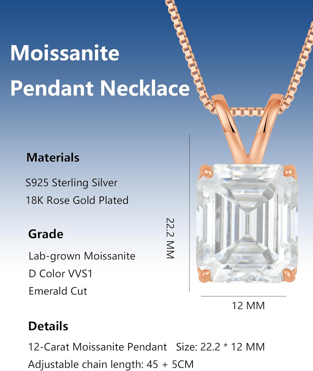 12ct Moissanite Necklace for Women,925 Sterling Silver Emerald Cut Pendant Gifts - Image 5