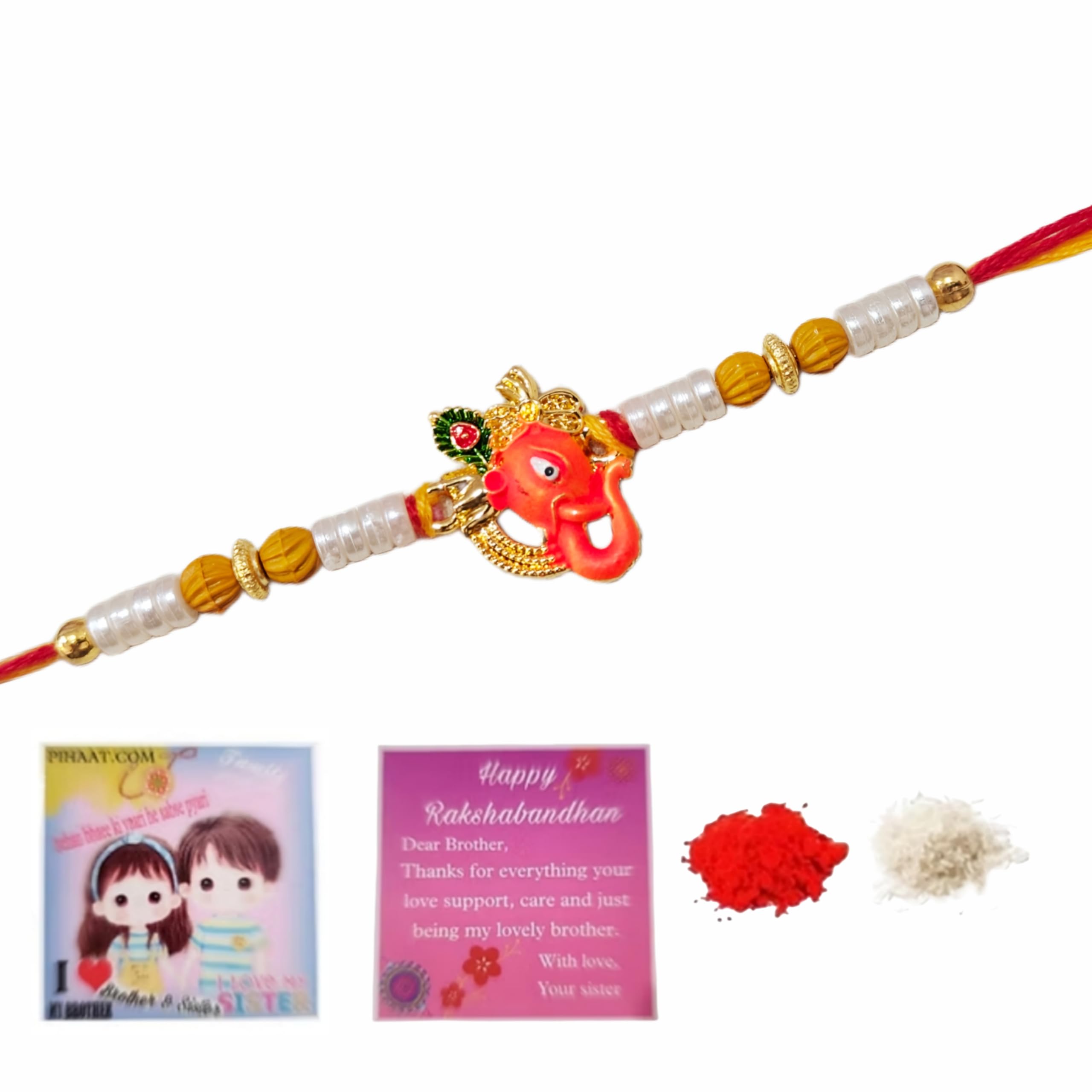 traditional ganesha gold plated pearl chandan bracelet rakhi wristband roli chawal greeting card fridge magnet combo set rakshabandhan rakshasutra thread bhai bhaiya brother