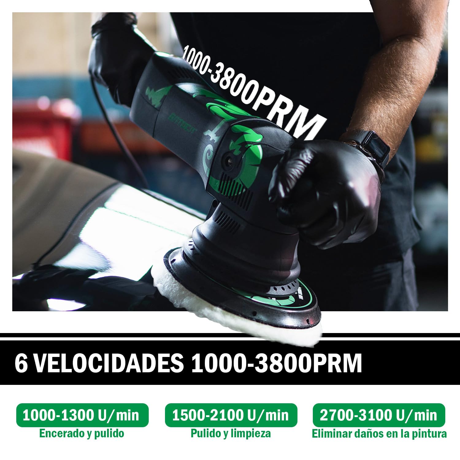 BATOCA 700W Pulidora Coche,Máquinas Pulidoras Excéntrica,21mm Pulidora Orbital,Pulidora Suelos,6 Velocidades,Abundantes Accesorios,Pulir y Encerar Muebles(1000-3800rpm,150mm Esponja Disco)