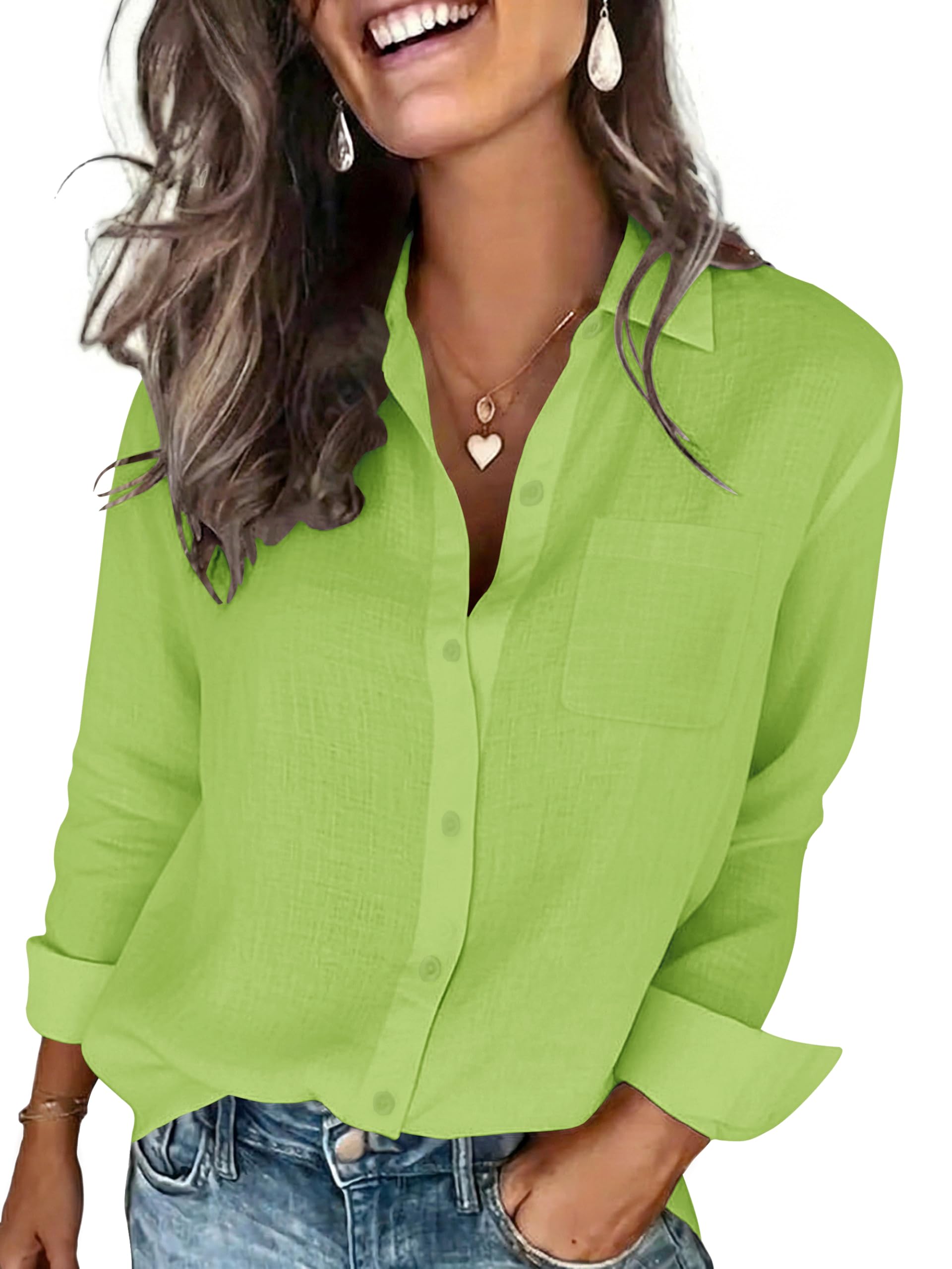 Womens Cotton Linen Textured Shirt Long Sleeve Button Down Collared Blouses Dressy Casual Gauze Tops with Pocket Breathable