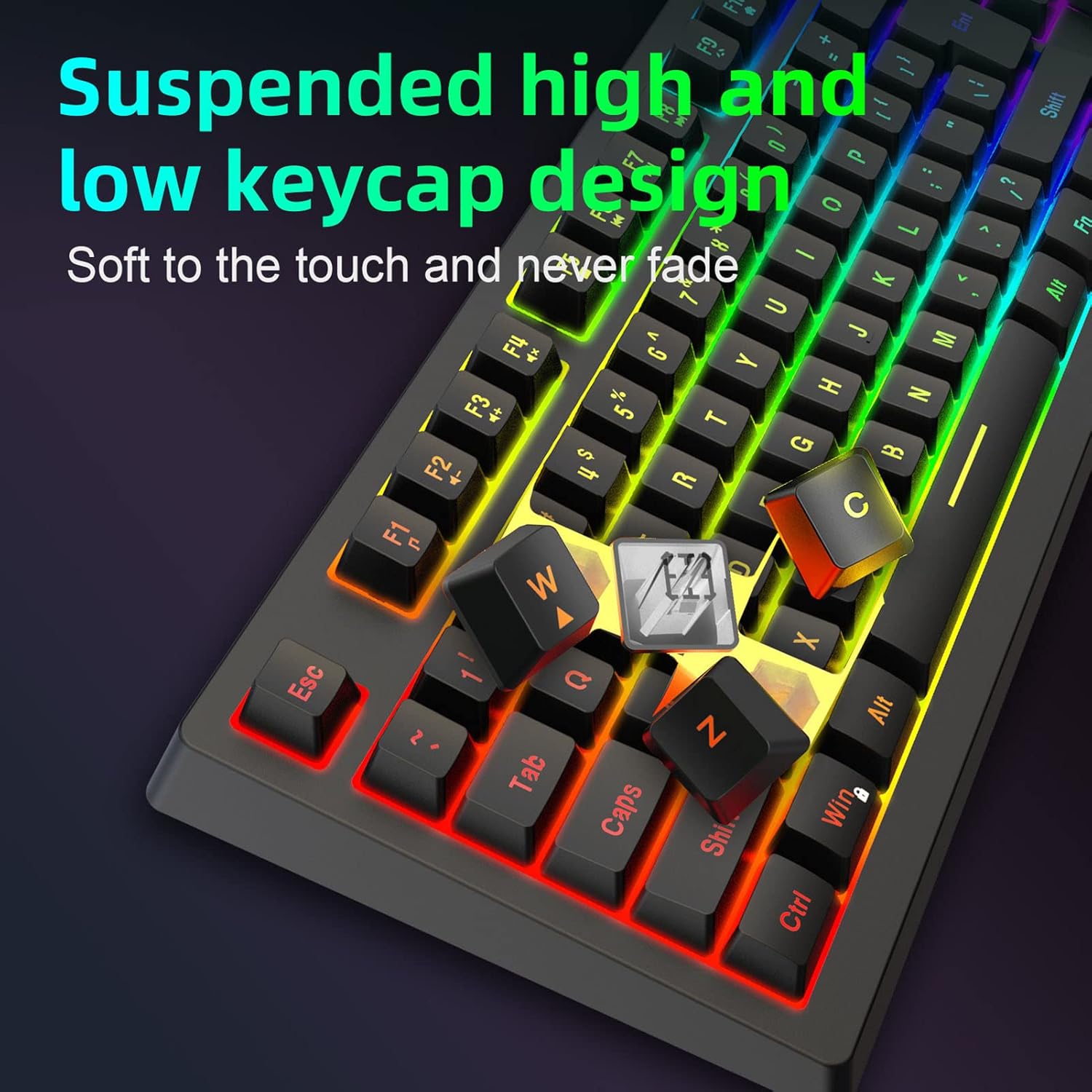 Zunate Mechanical Keyboard, Wired Gaming Keyboard 87 Keys RGB Rainbow Backlit Compact Two Color Injection Keycaps Gaming Keyboard for PC Computer