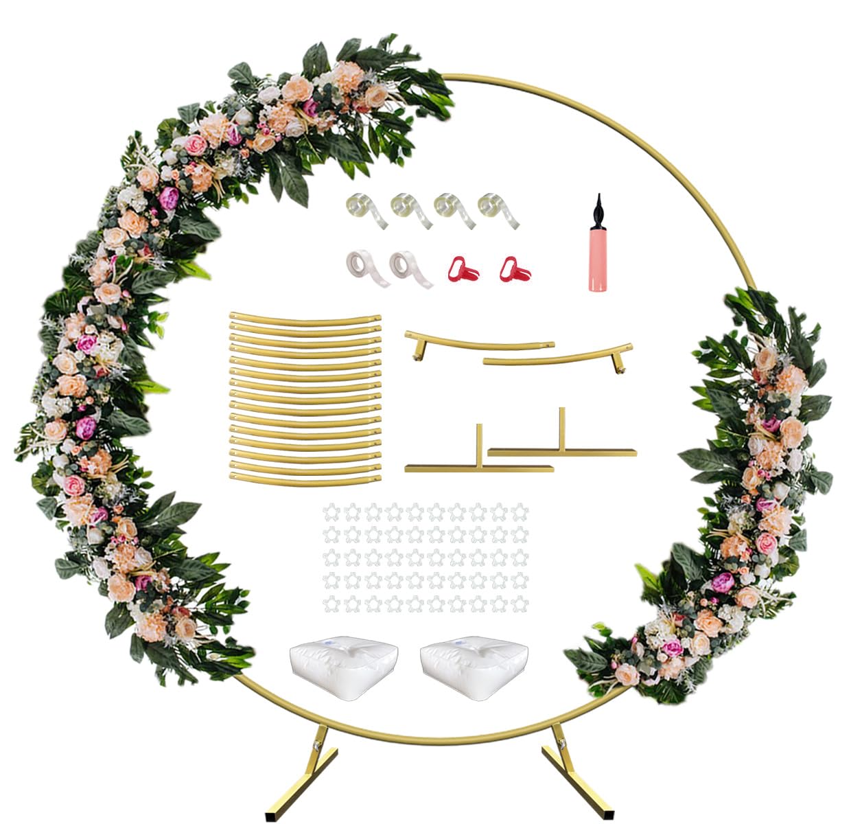 7 Ft Round Wedding Arch Stand with Metal Base for Flower Balloon Decoration, Circle Backdrop Stand Frame for Ceremony, Birthday Party, Baby Shower, Gold