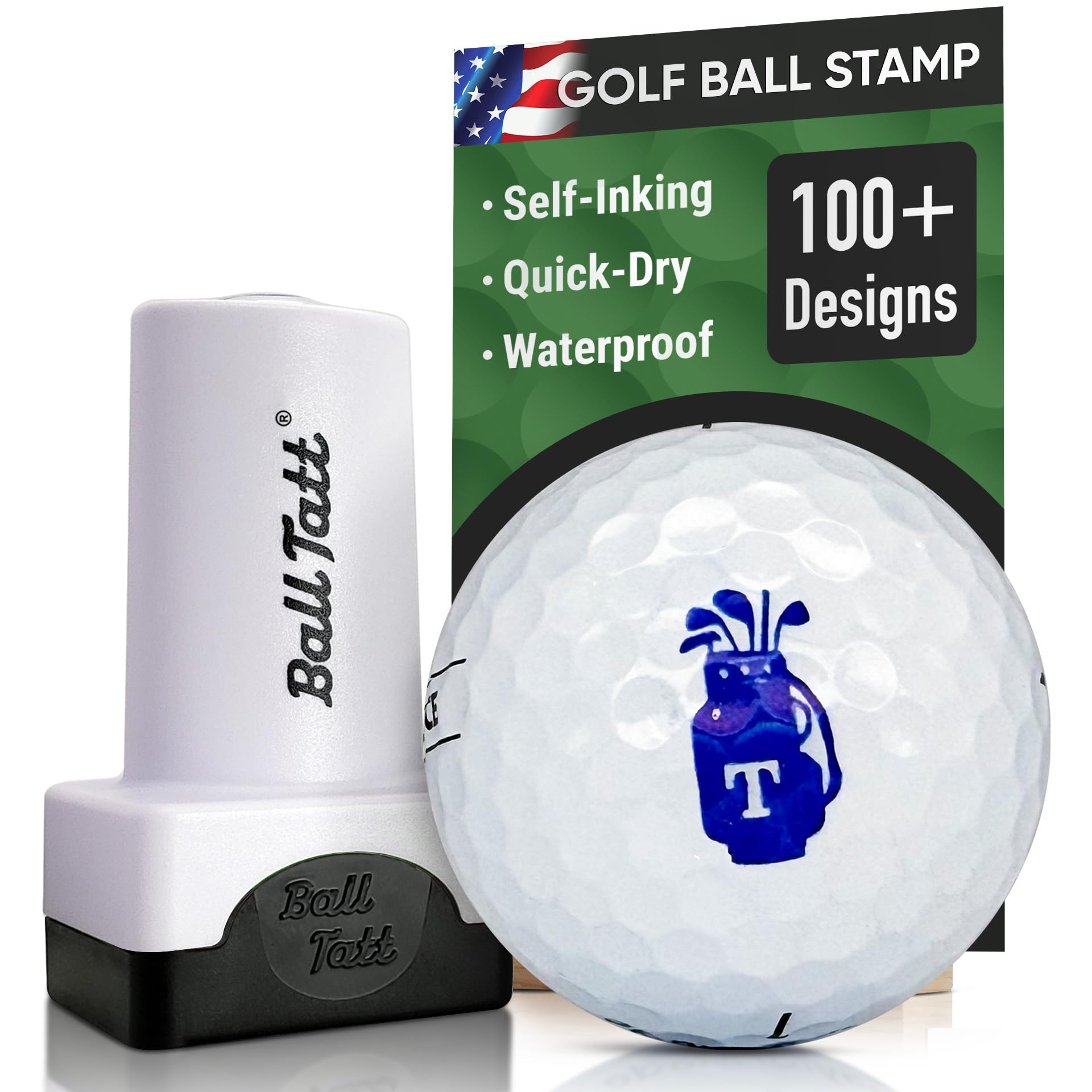 Ball Tatt – Personalized Golf Ball Stamp - Self-Inking Quick-Dry Letter Monogram Stamper, Permanent Waterproof Ball Marking Tool, Reusable No Refills - Ideal Gift for Golfers, Dads - (T Golf Bag)