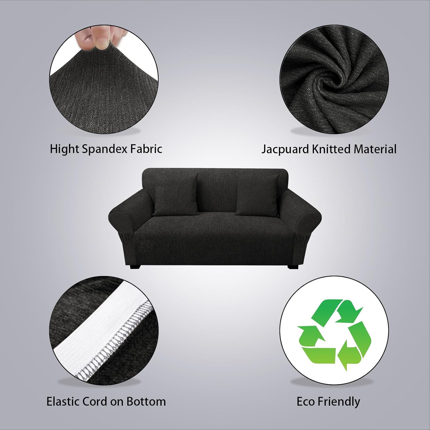 Loveseat Slipcover with 2 Pillow Cover for 2 Cushion Couch, Non Slip Furniture Protector with Elastic Bottom, Washable Loveseat Cover for Kids, Pets (Loveseat, Black)